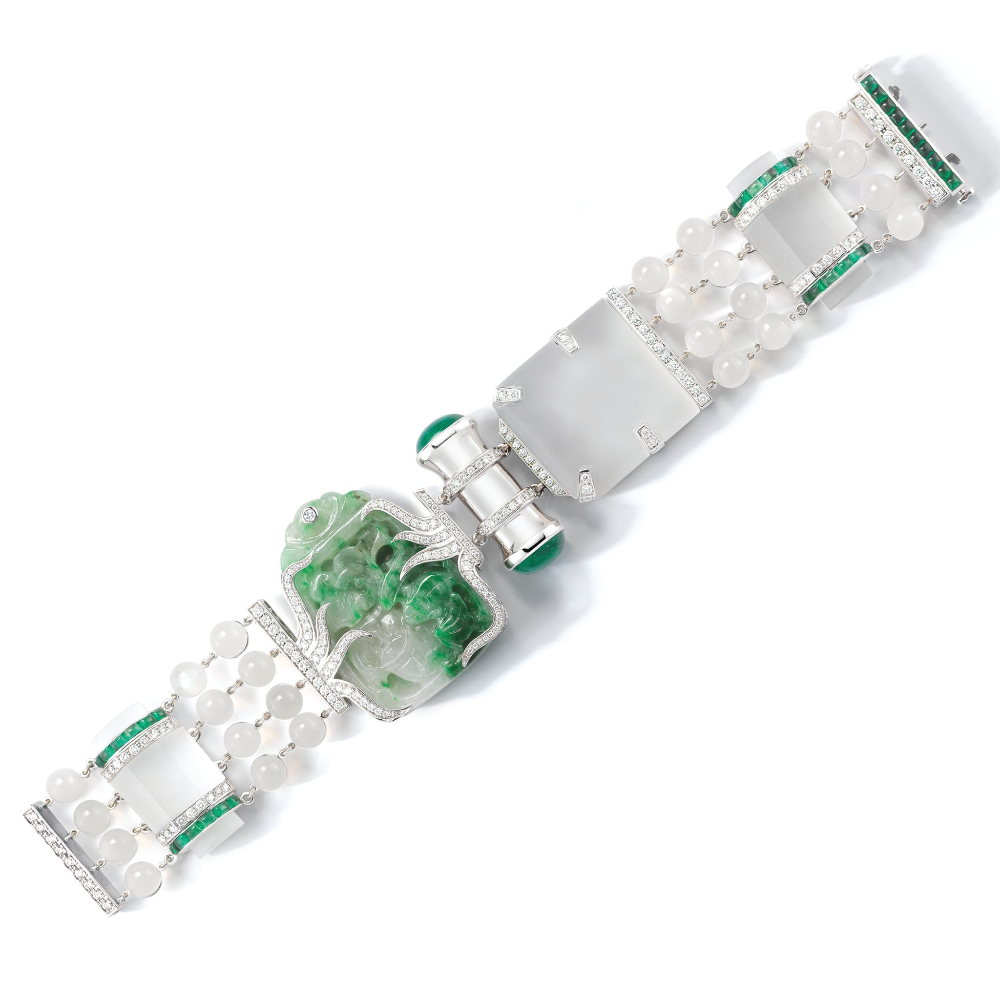 1920s bracelet jade moonstone emerald diamond set in 18K White Gold