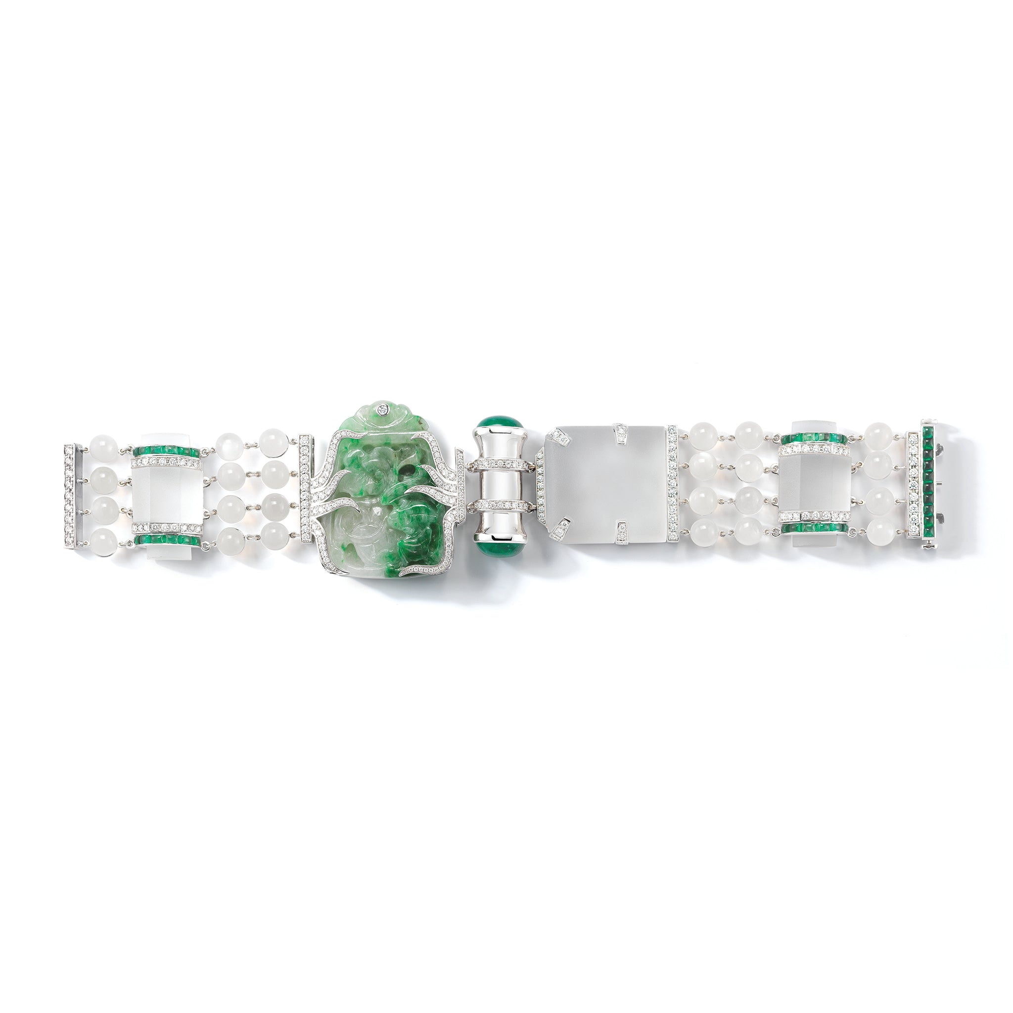 1920s bracelet jade moonstone emerald diamond set in 18K White Gold