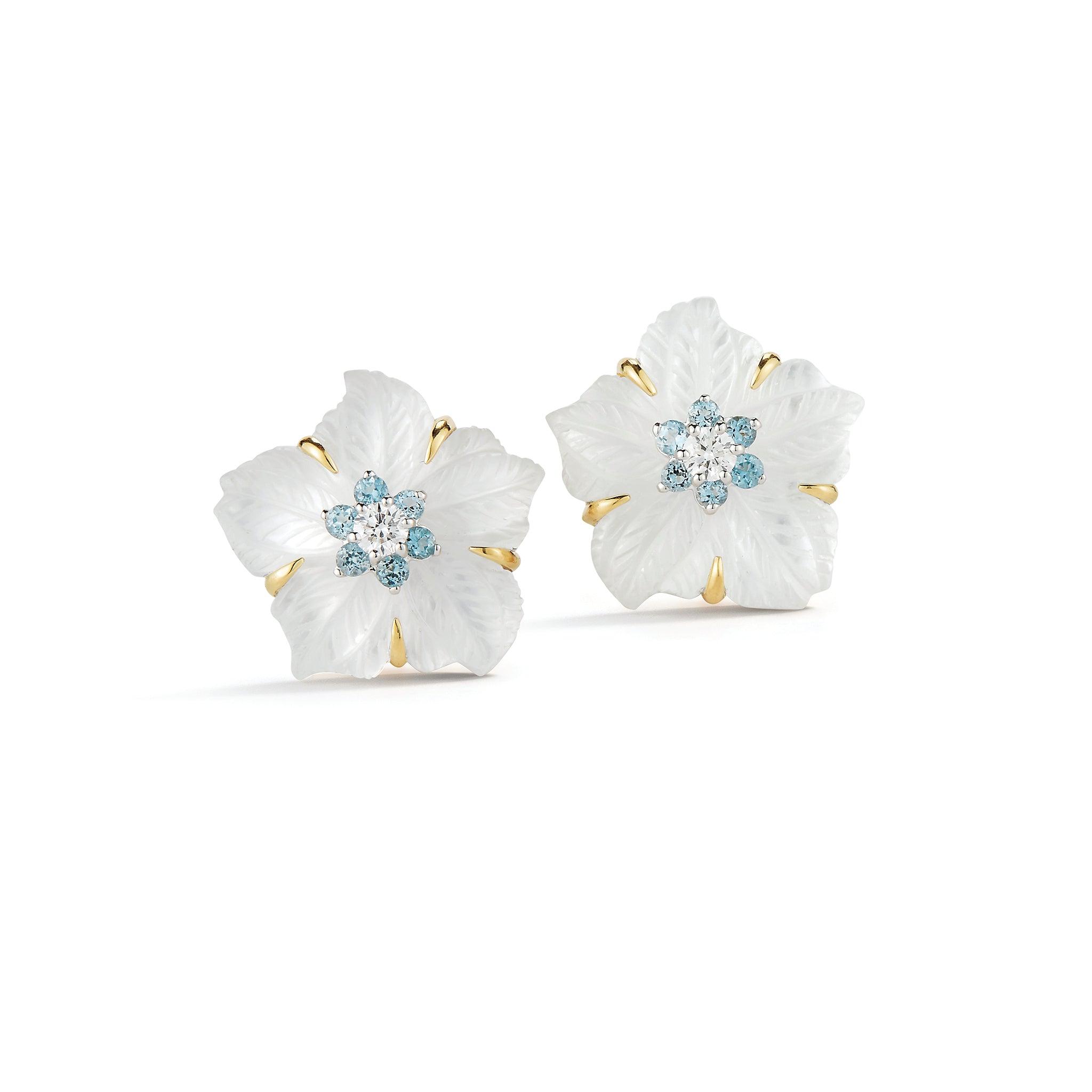 clematis earrings in aquamarine diamond in yellow gold