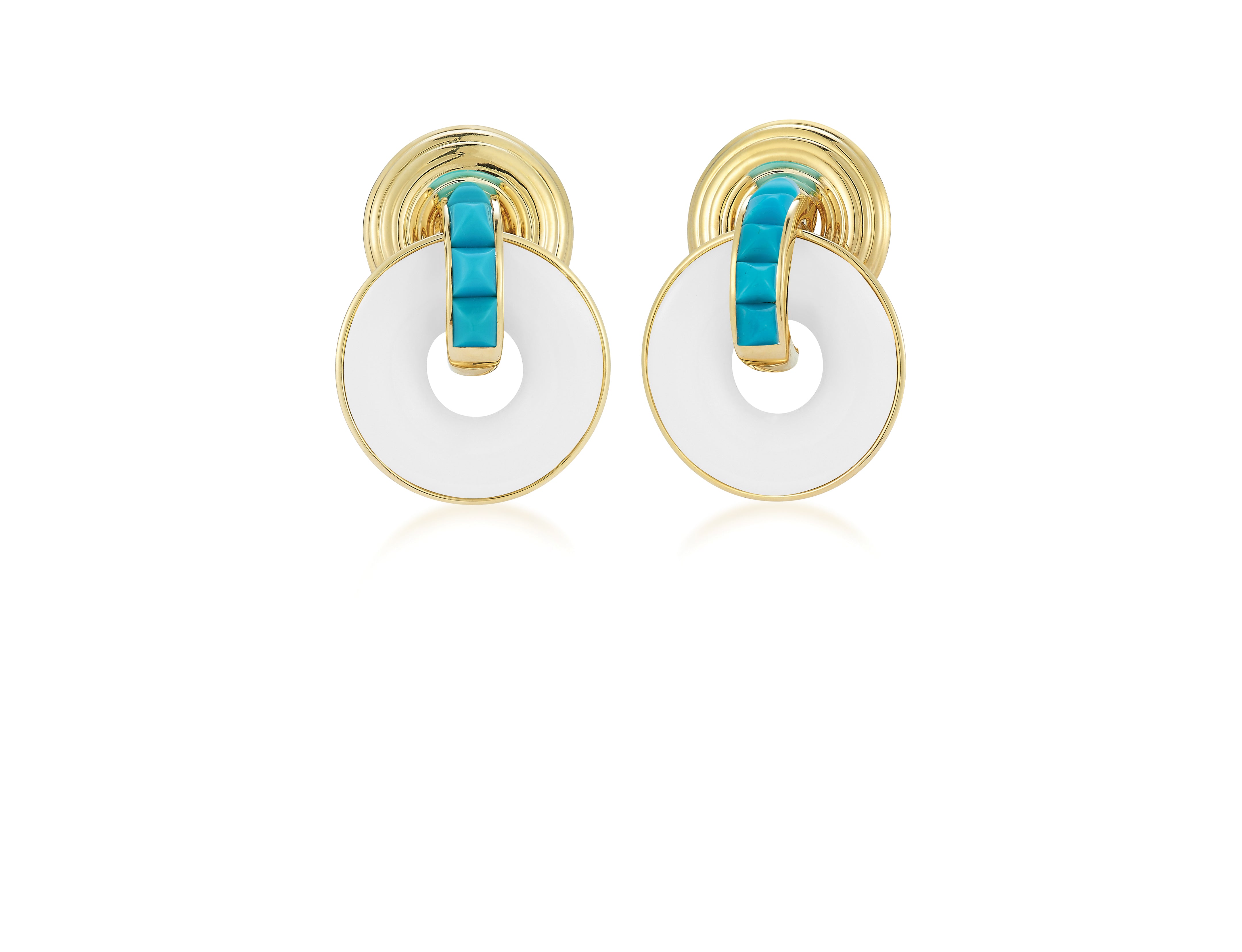 Double Giro Earrings in Turquoise and White Cermaic