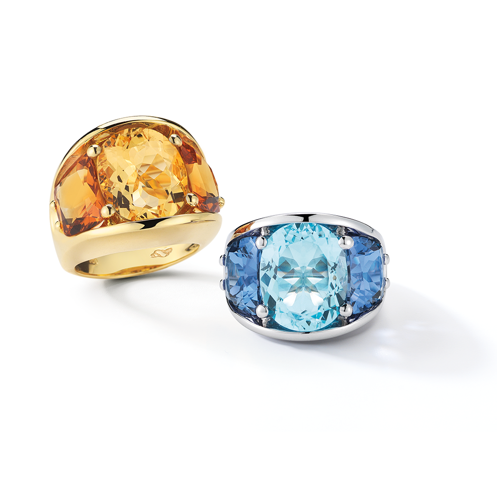 485 Large Rings in Citrine as well as Blue Topaz & Iolite in 18K Yellow Gold. Signed Seaman Schepps.
