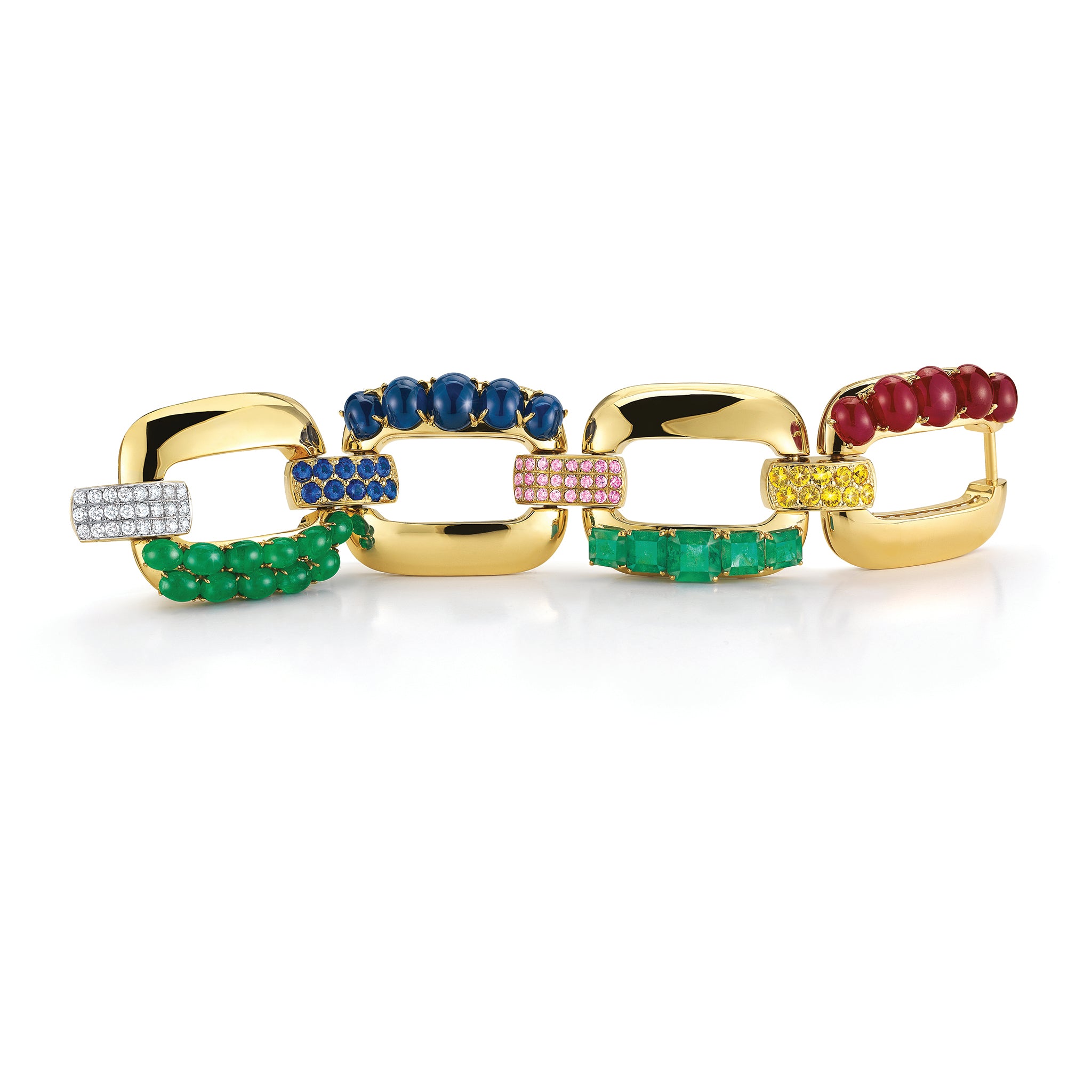 Four Link bracelet with Ruby Emerald and Sapphire in Yellow Gold