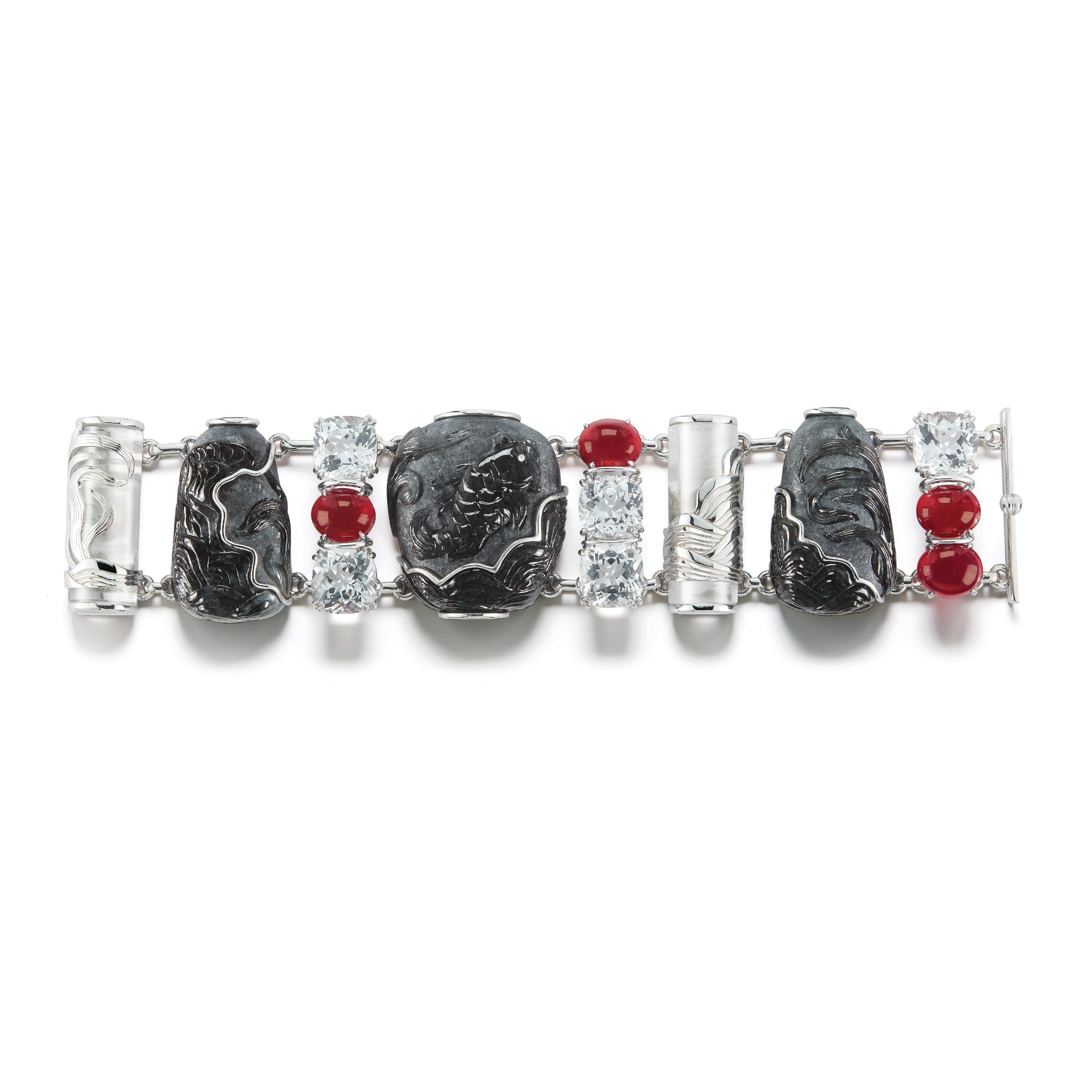 Snuff Bottle Bracelet in Black Jade crystal and ruby