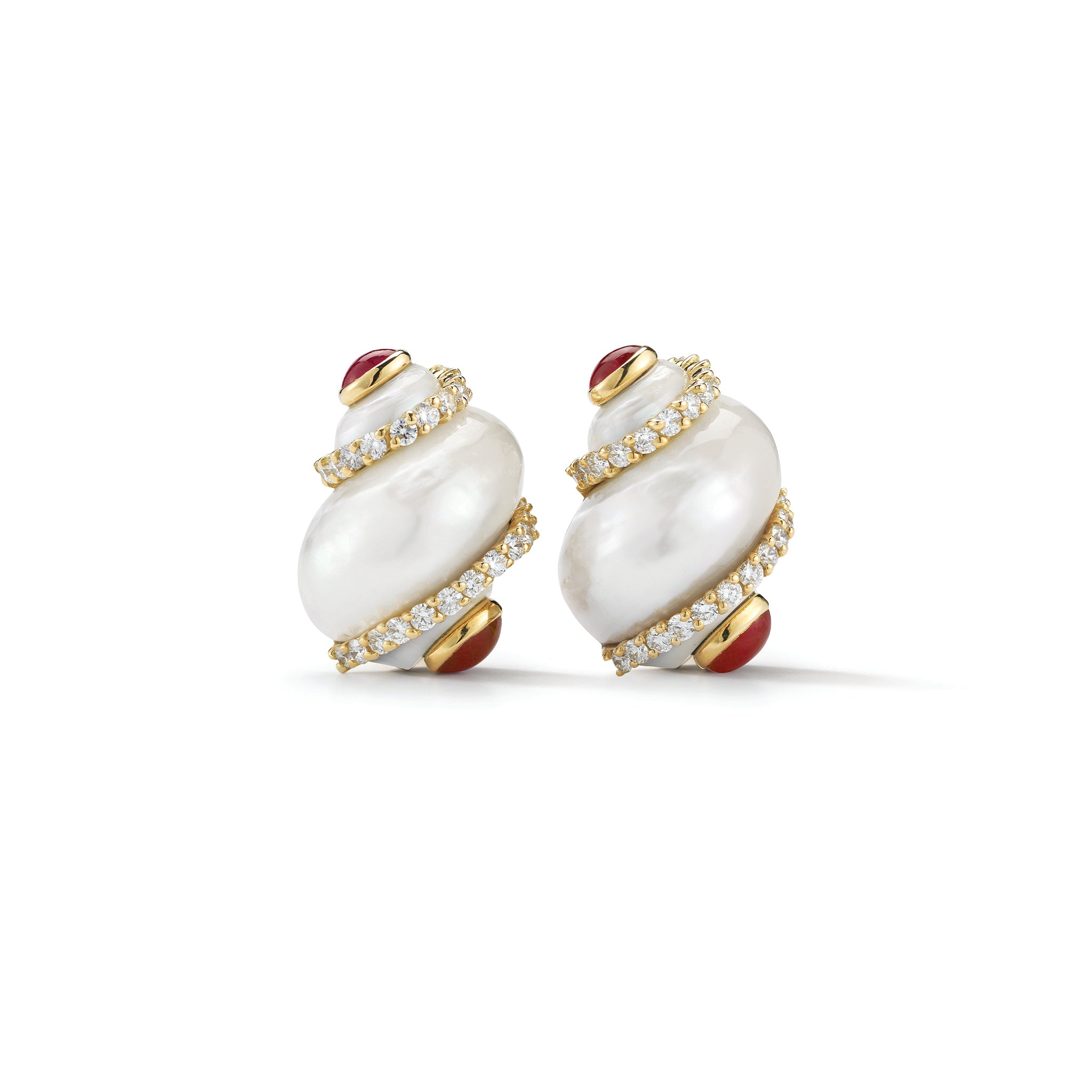 Turbo Shell Earrings in Ruby & Diamond Bands