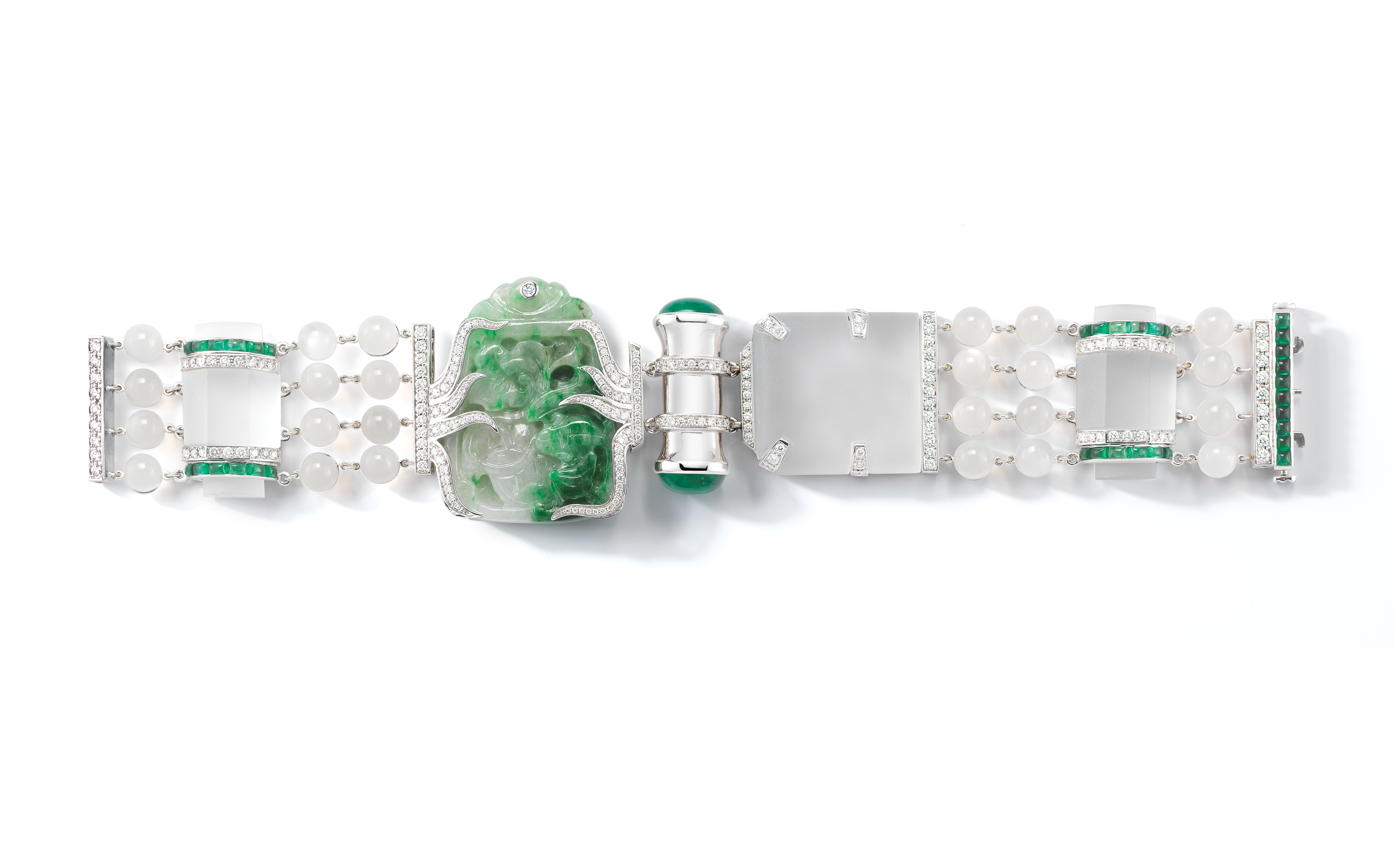 A Carved Jade, White Quartz and Moonstone Bead Bracelet with Emerald & Diamond Accents Set In 18K White Gold. Signed Seaman Schepps.