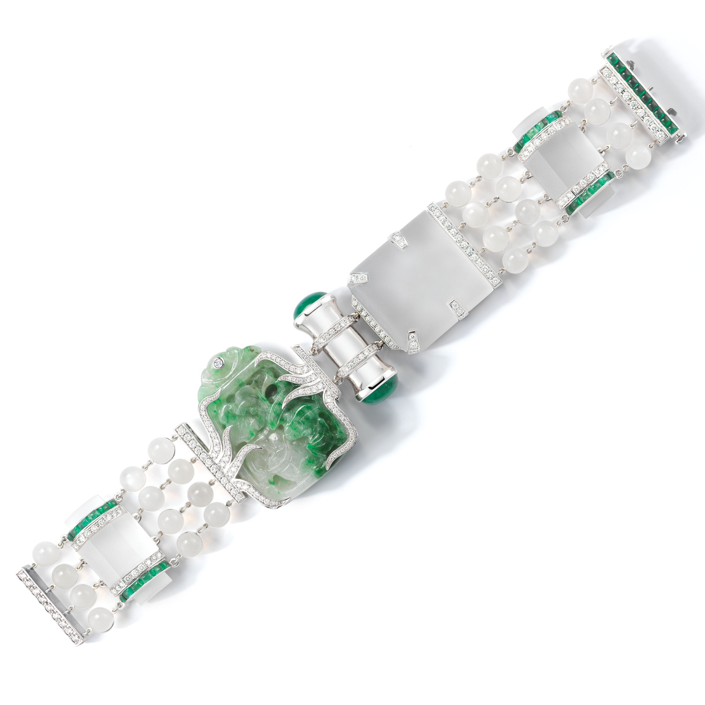 A Carved Jade, White Quartz and Moonstone Bead Bracelet with Emerald & Diamond Accents Set In 18K White Gold. Signed Seaman Schepps.