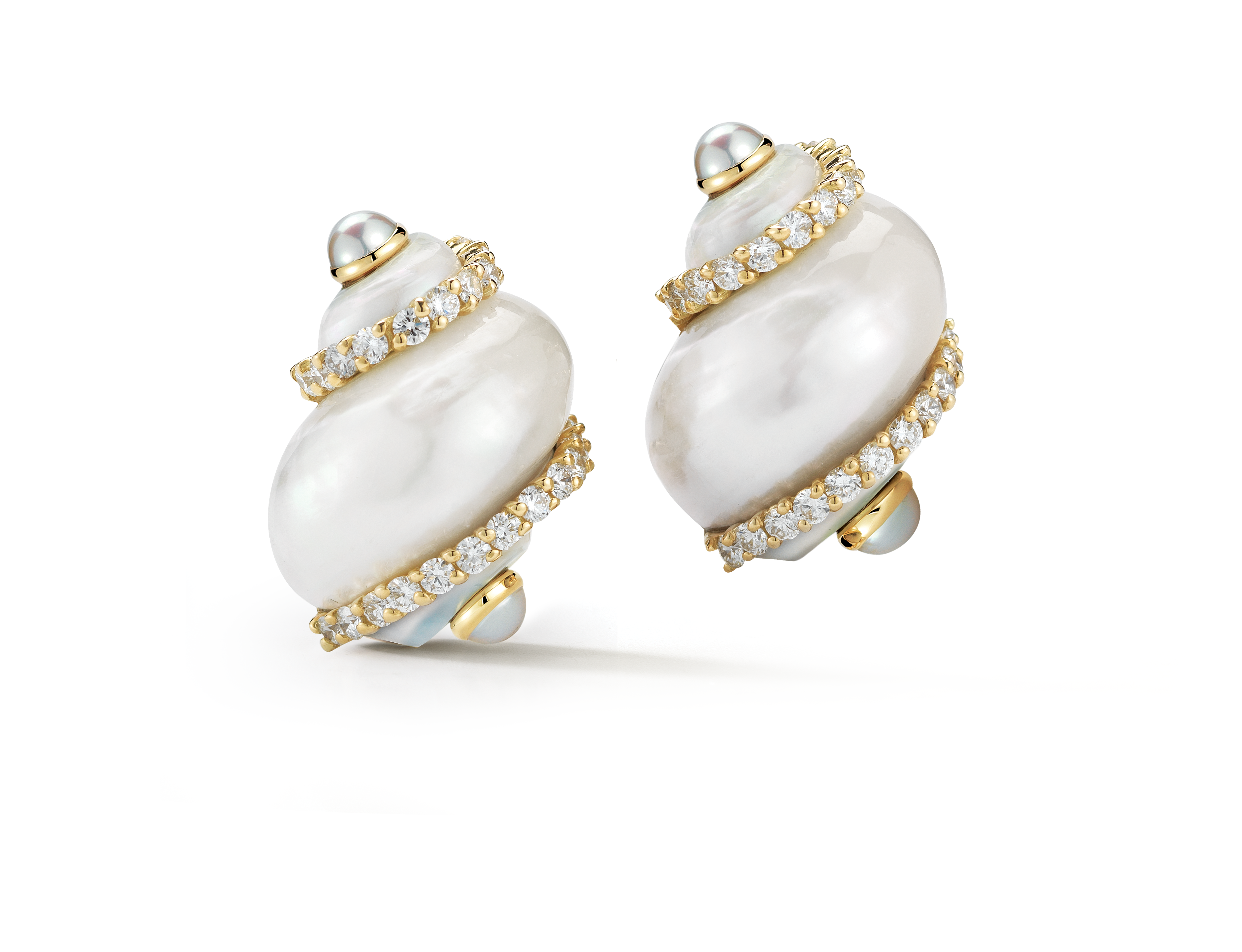 Turbo Shell Earrings in Pearl & Diamond Bands