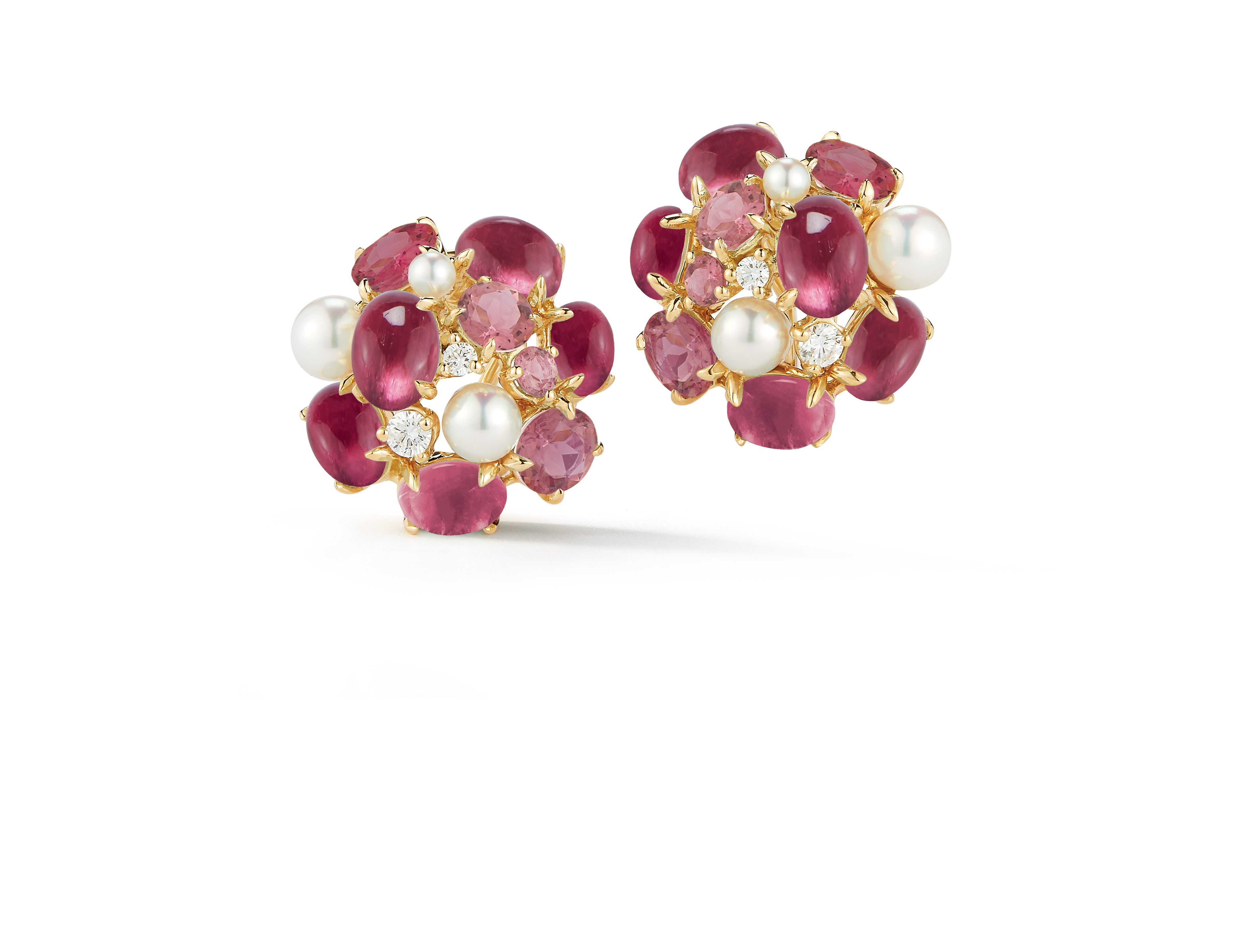 A pair of Bubble Earrings with Pink Tourmaline, Pearl, and Diamond set in 18K Yellow Gold. Signed Seaman Schepps.