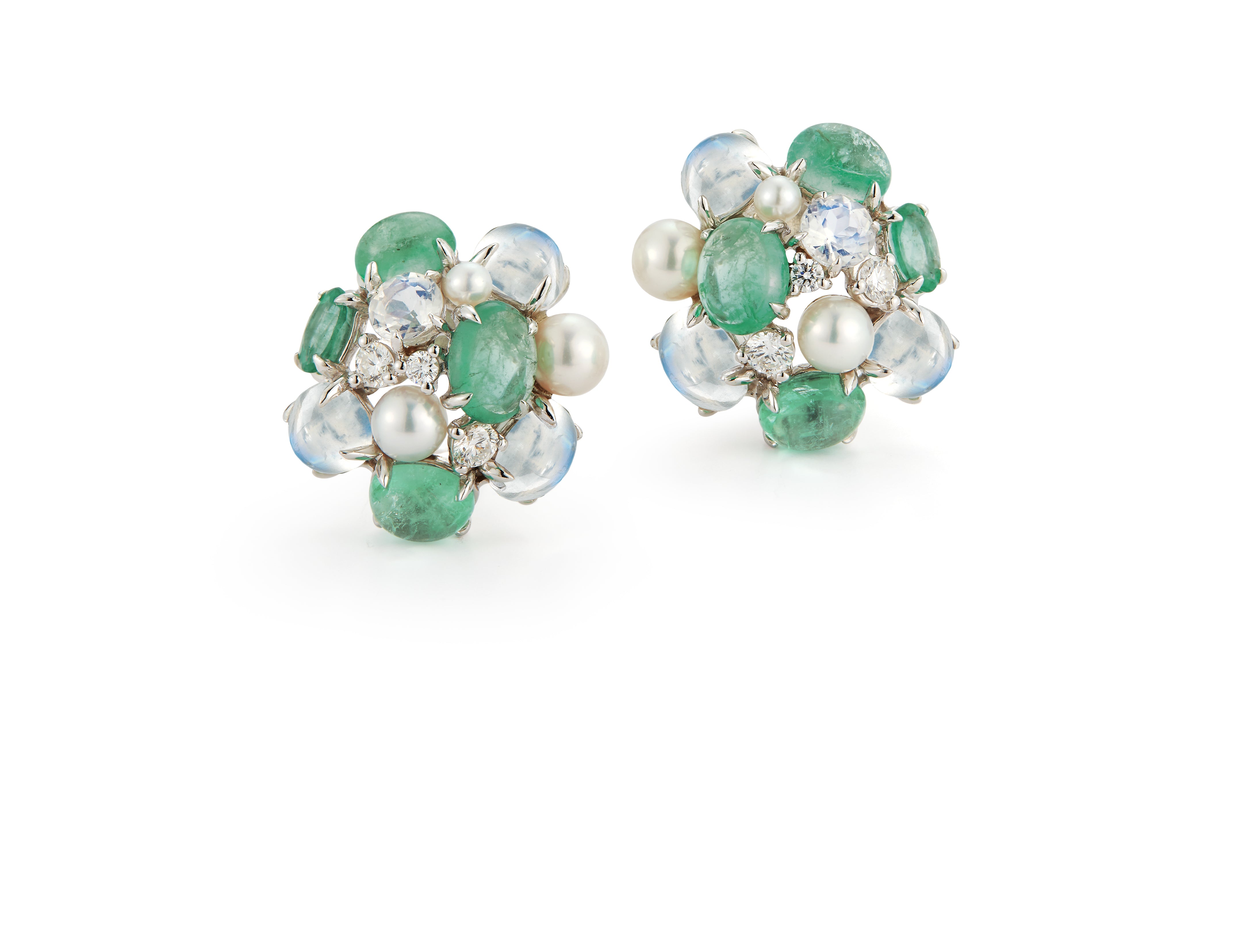 A pair of Bubble Earrings with Emerald, Pearl, and Diamond set in 18K White Gold. Signed Seaman Schepps.