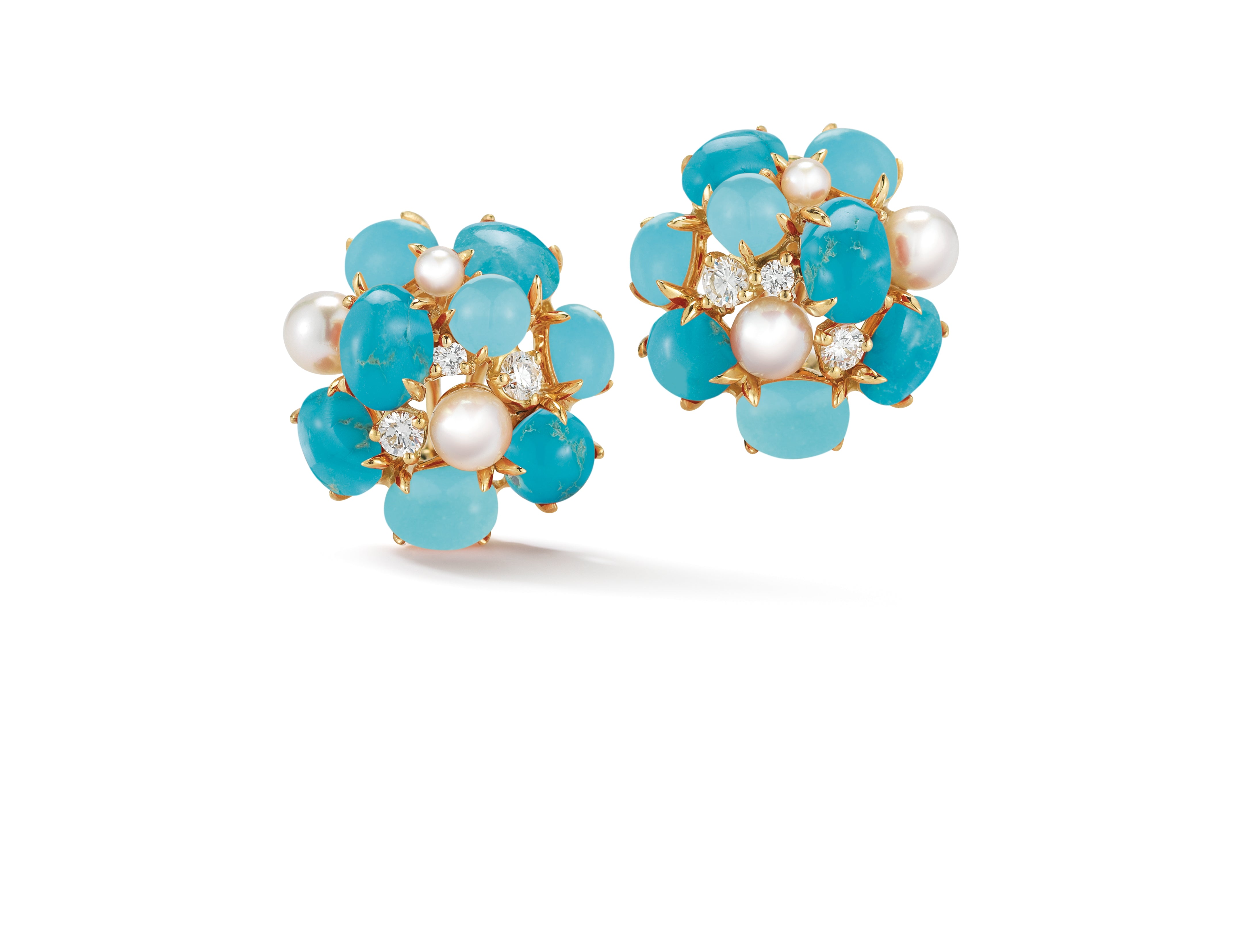 A pair of Bubble Earrings with Turquoise, Pearl, and Diamond set in 18K Yellow Gold. Signed Seaman Schepps.