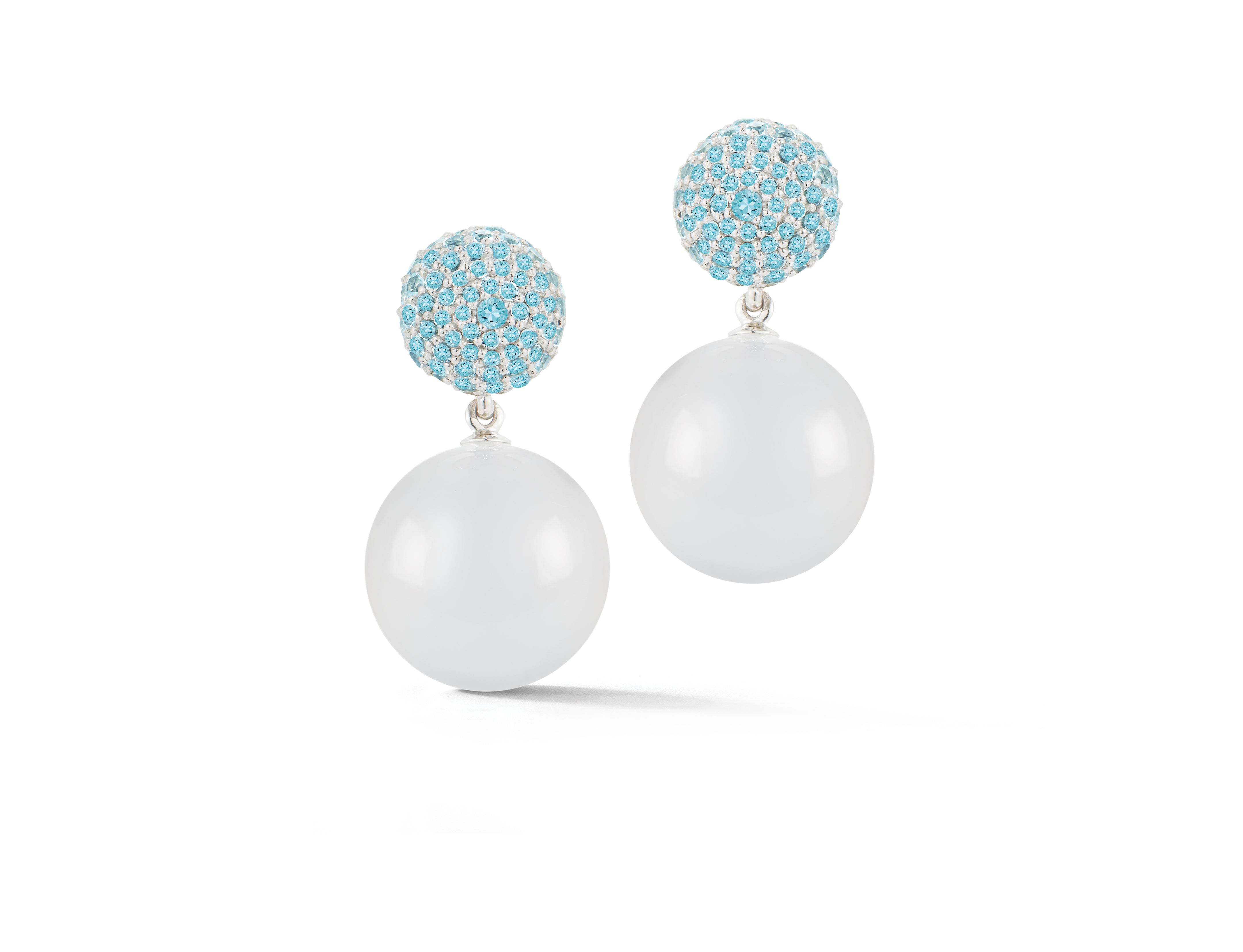 Boule Earrings with Faceted Pave Blue Topaz Tops and Milky White Quartz Bead Drop Set in 18 Karat White Gold. Signed Seaman Schepps.