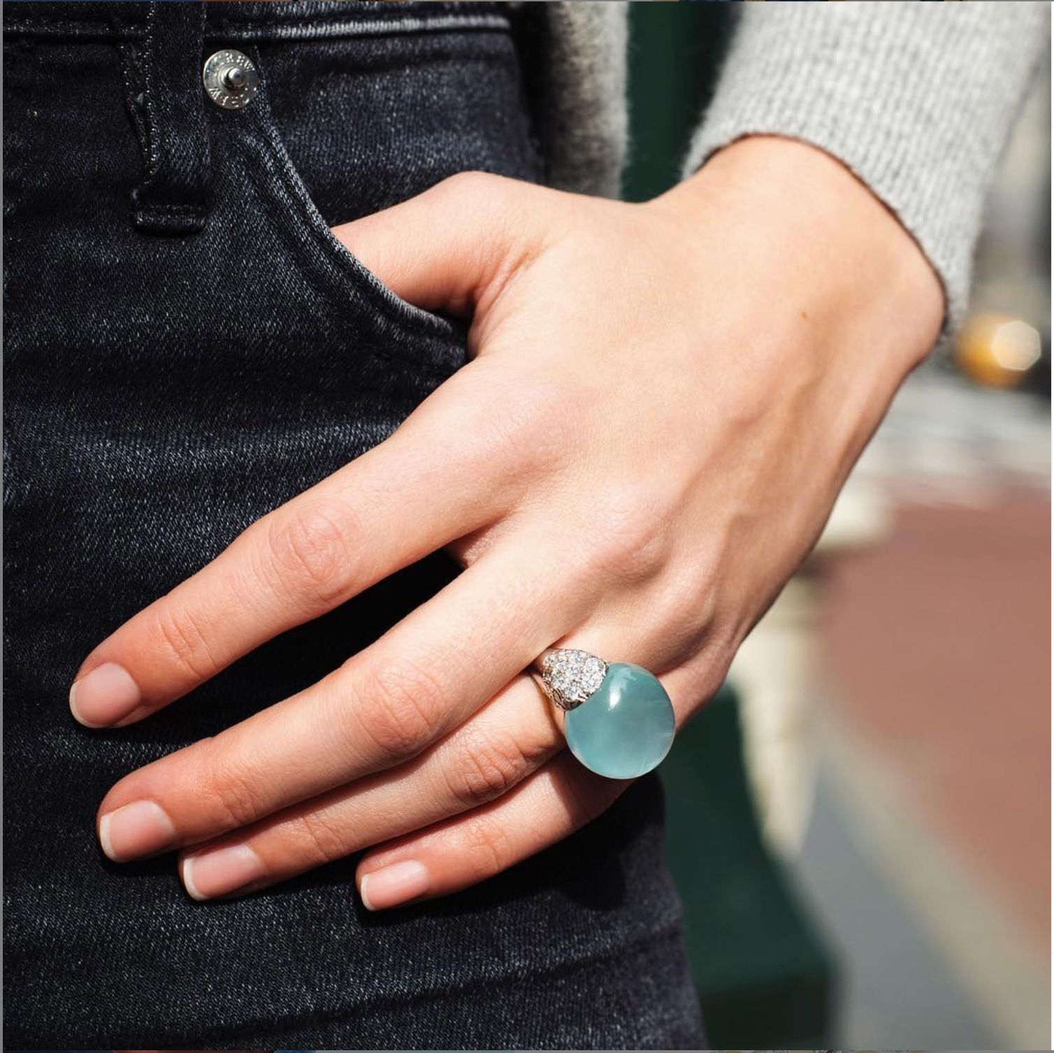 Golf Ball Ring in Aquamarine & Diamond