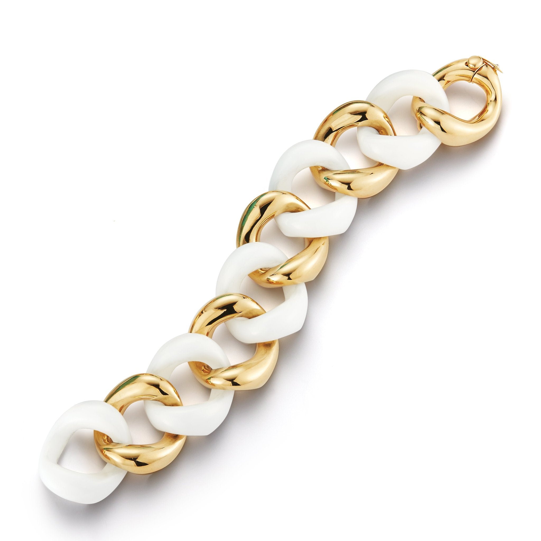 Large White Ceramic Link Bracelet in Yellow Gold