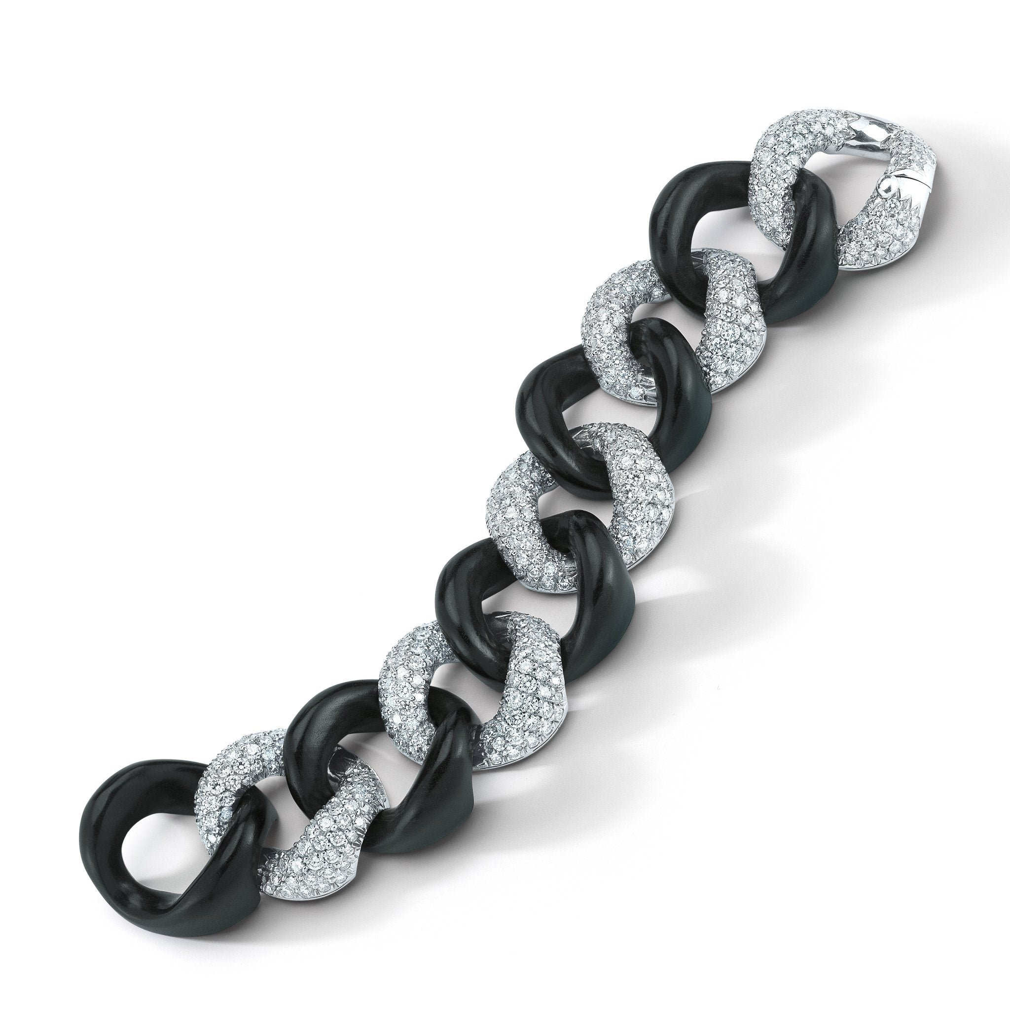 Large Ebony Wood Link Bracelet with Diamonds in White Gold