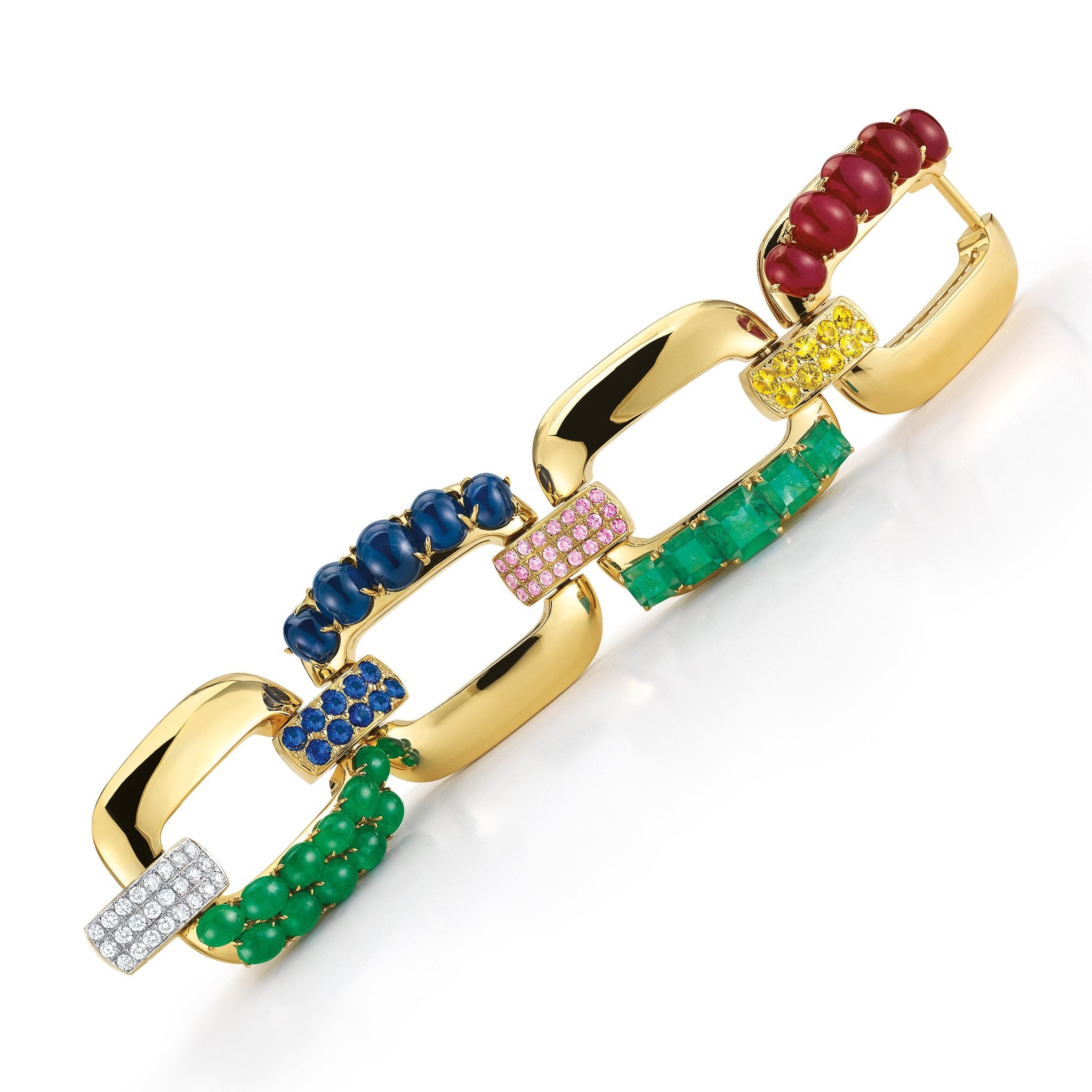 Four Link Bracelet in Ruby Emerald and Sapphire with Diamonds