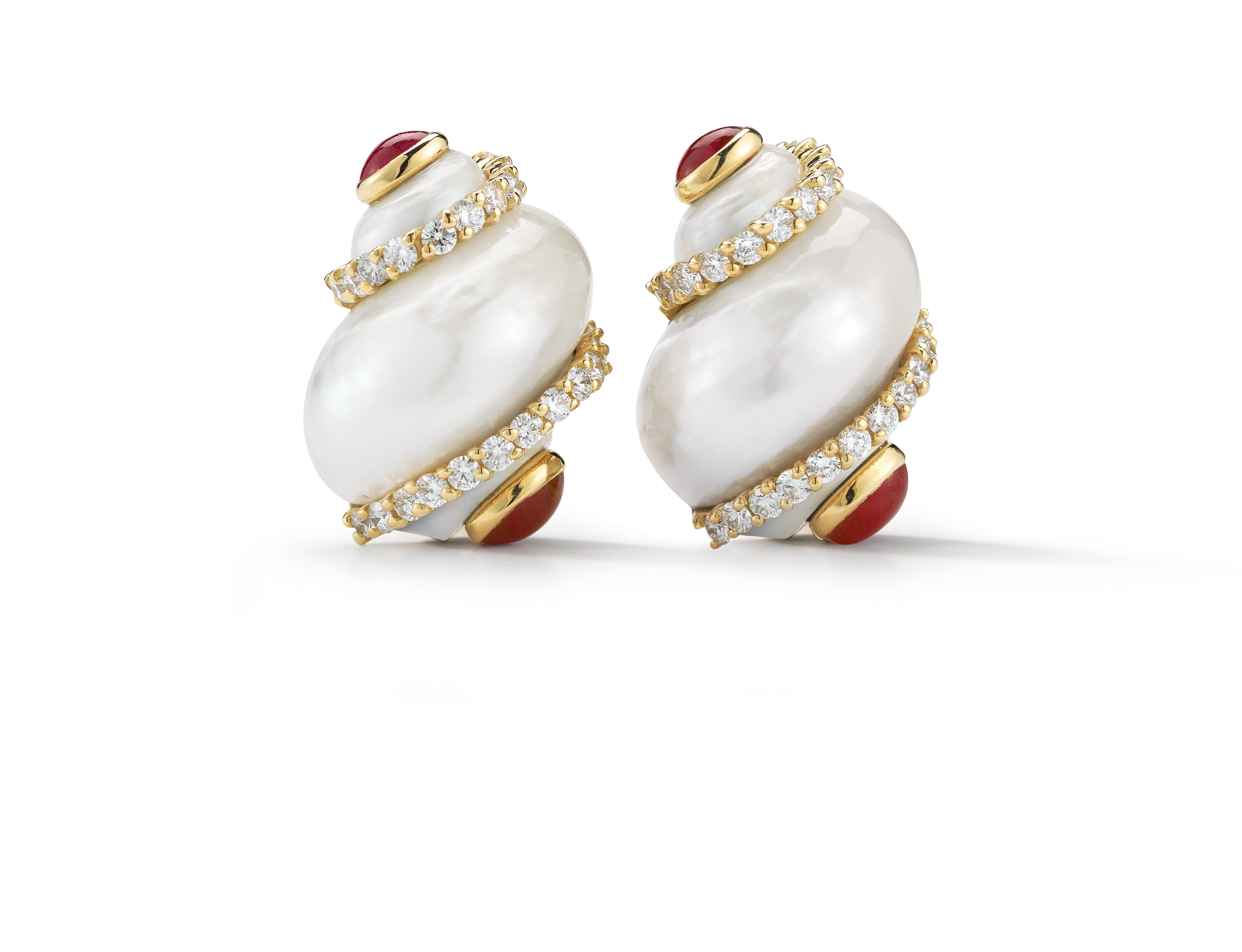 Turbo Shell Earrings in Ruby & Diamond Bands