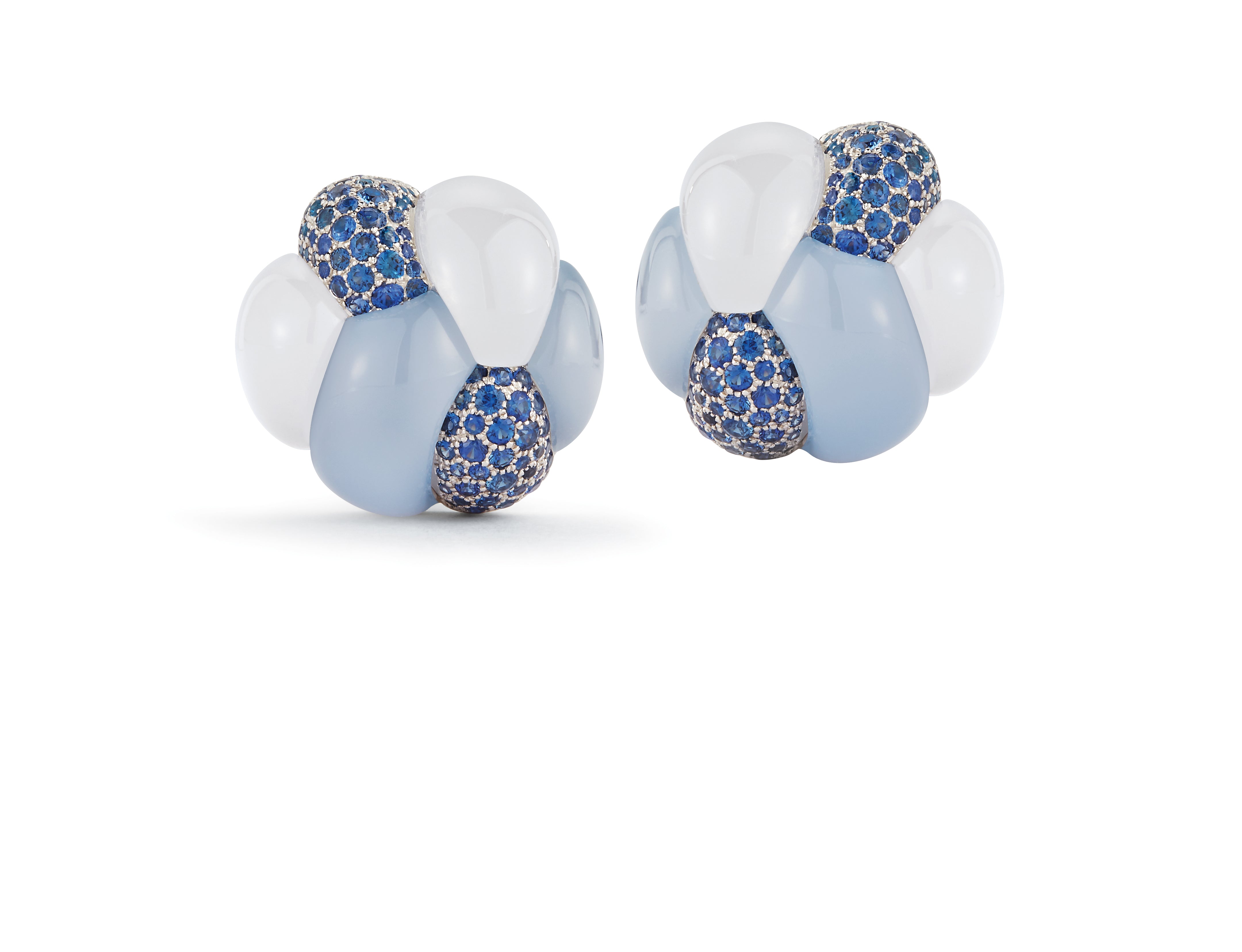 Knot Earrings in Blue Chalcedony, White Quartz & Sapphire