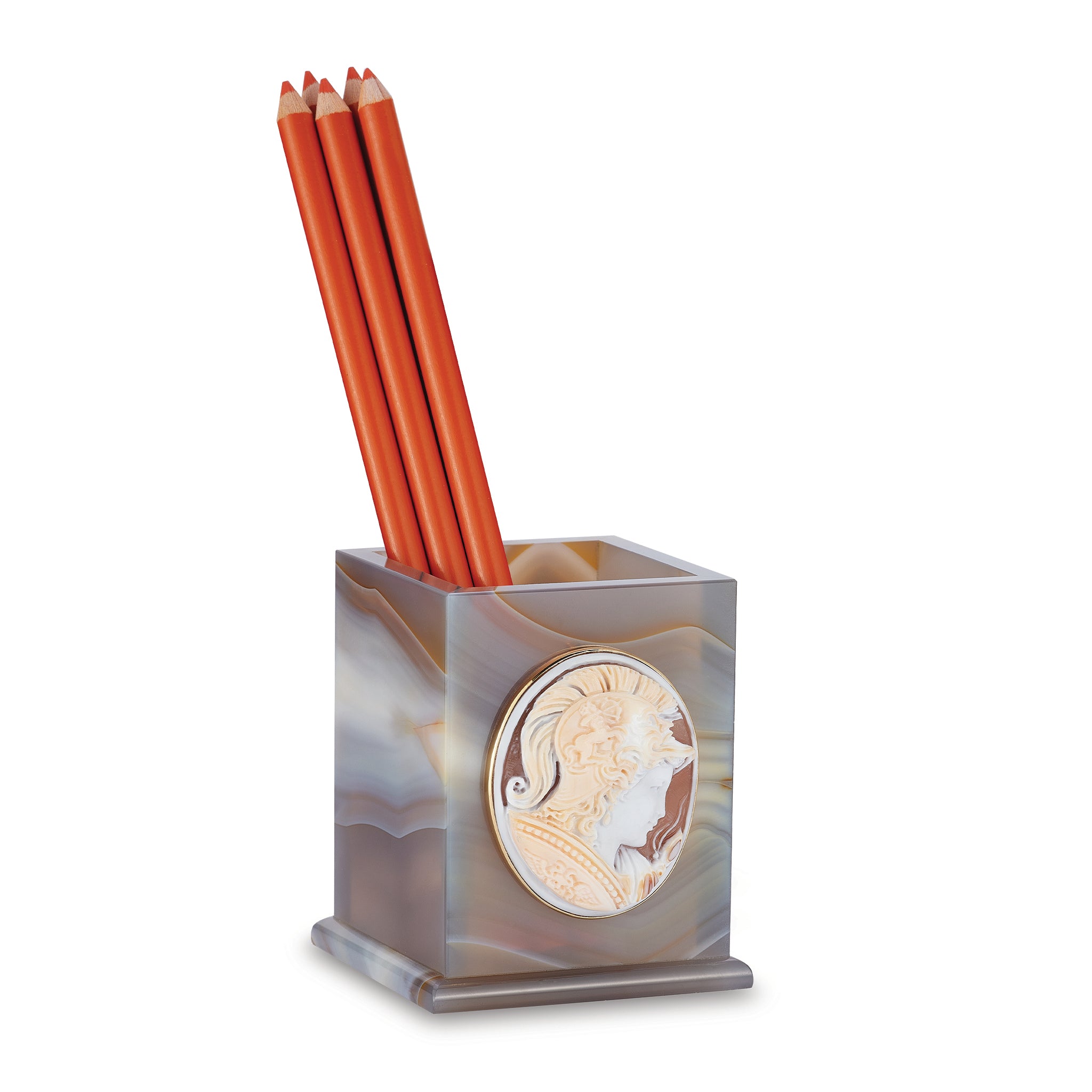 Agate Pen Cup with Shell Cameo with Pencils