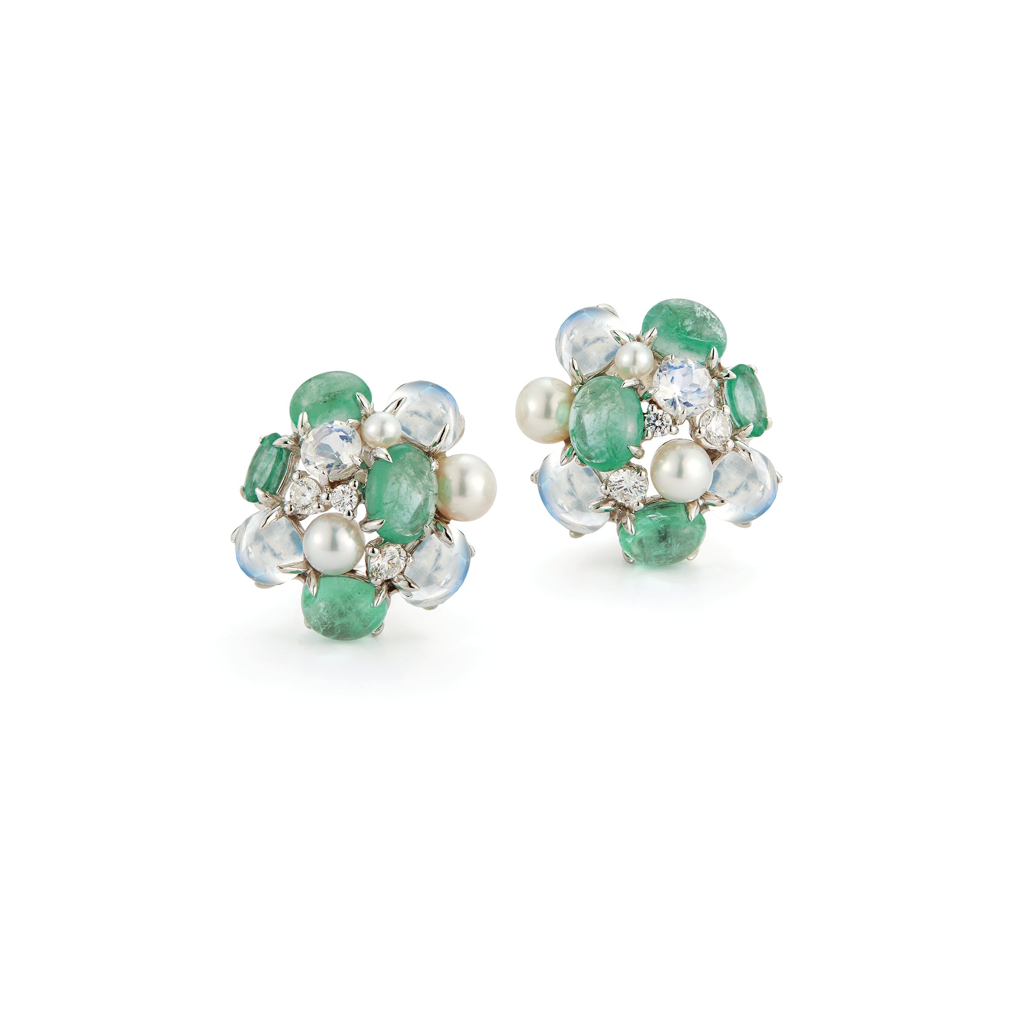 Bubble Earrings in Emerald Moonstone Pearl and Diamond