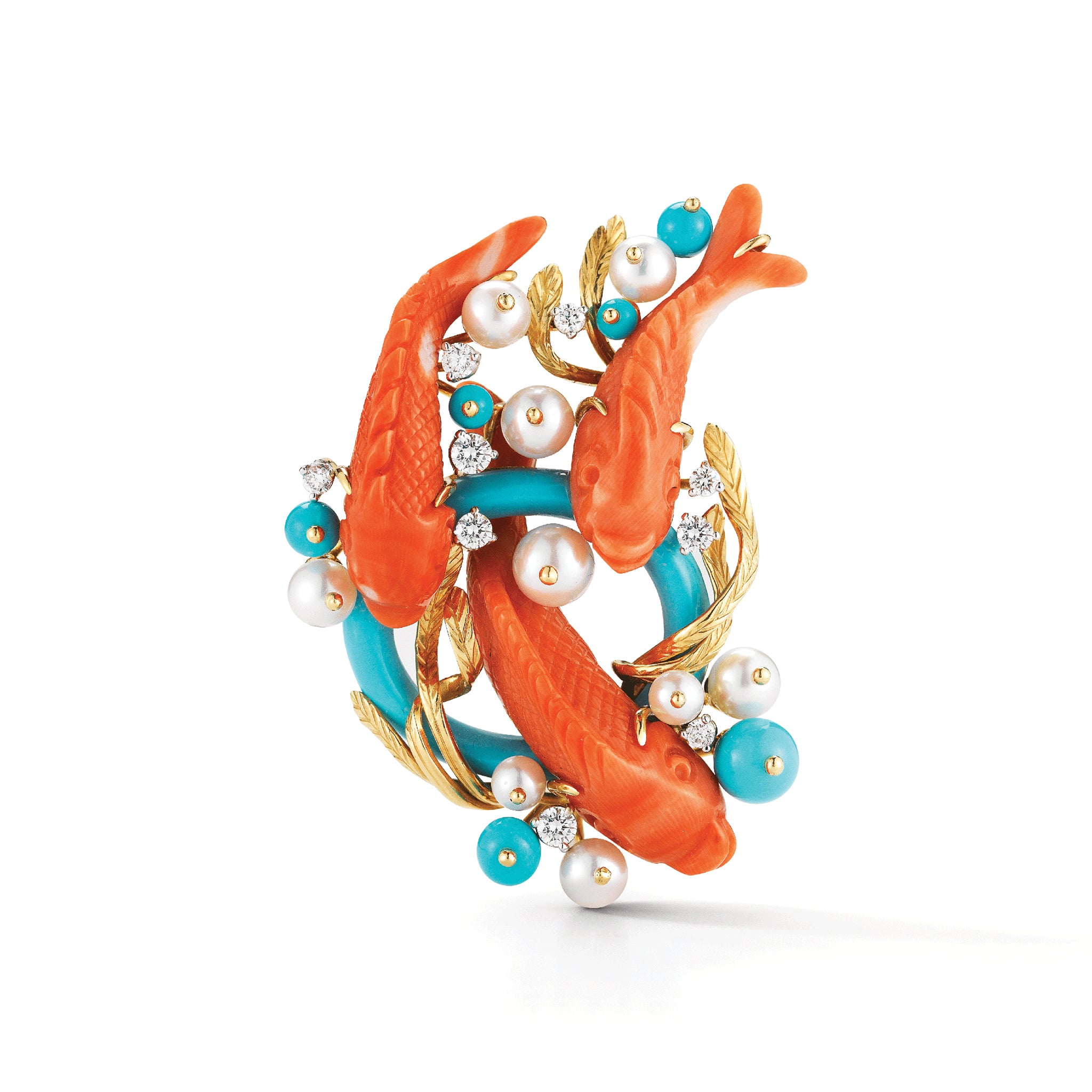 Koi Fish Brooch Coral Turquoise Pearl  Diamond 18 Karat Yellow Gold