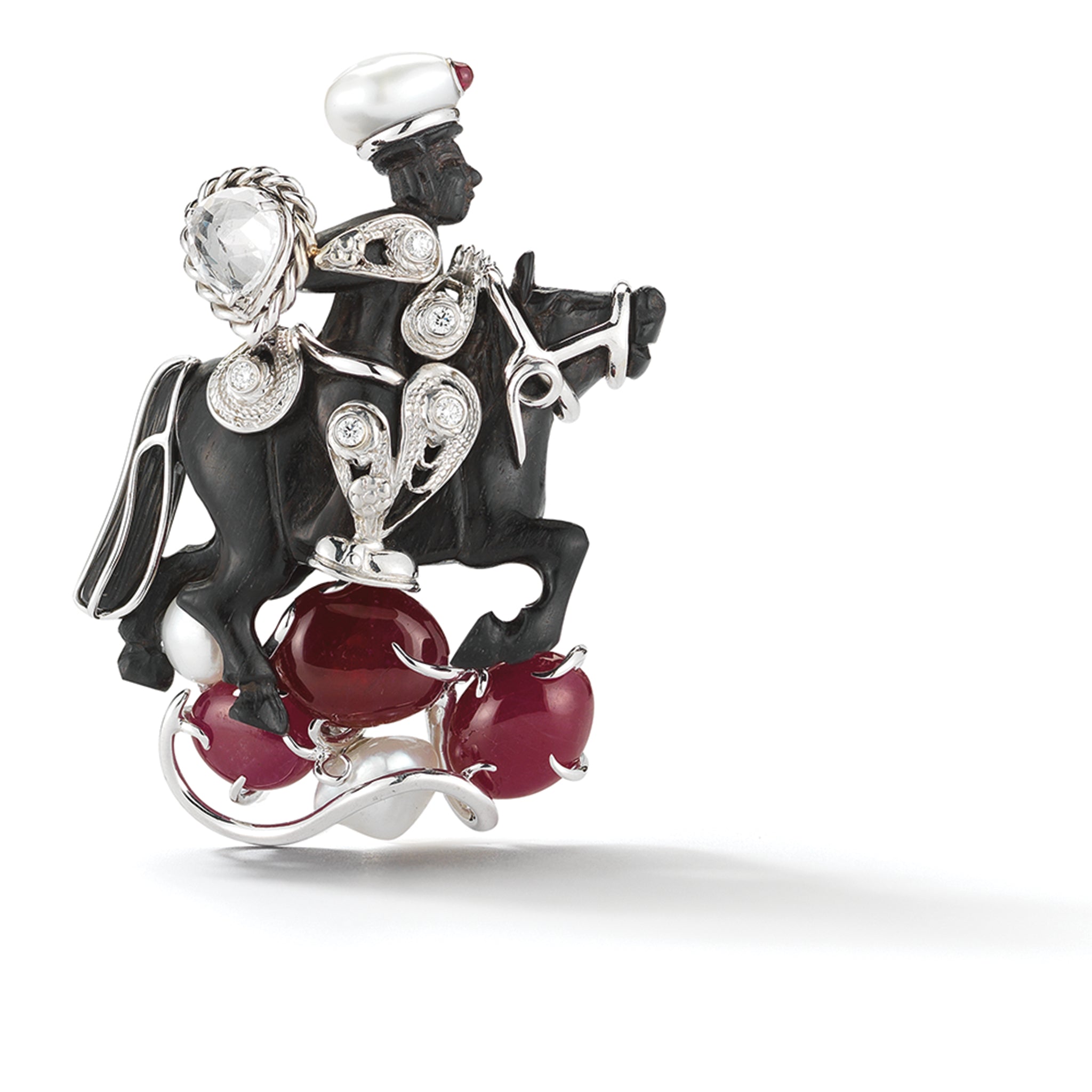 Knight Brooch Ebony Ruby Pearl Rock Crystal Diamond White Gold