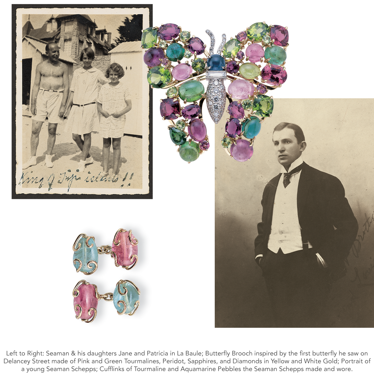 Seaman Schepps with his daughters Jane and Patricia, Butterfly Brooch, Portrait of Seaman Schepps, Cufflinks