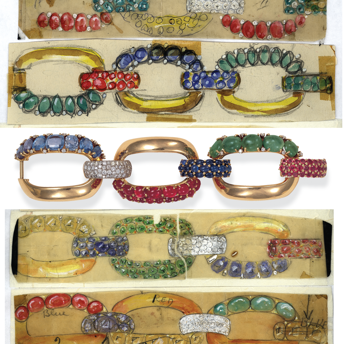 Drawings alongside the actual piece: Link Bracelet in Ruby, Emerald, Sapphire and Diamond