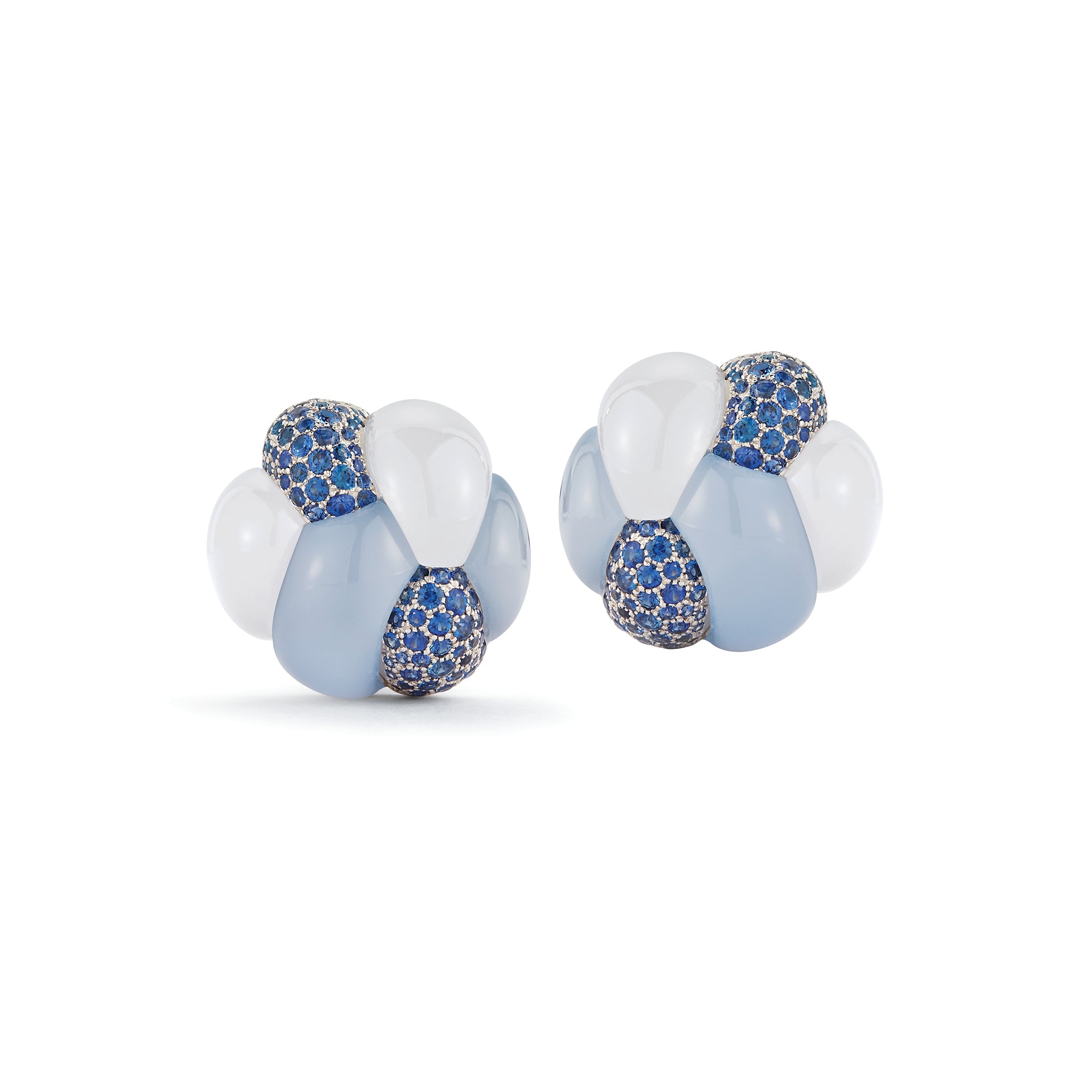 Knot Earrings in Blue Chalcedony, White Quartz & Sapphire