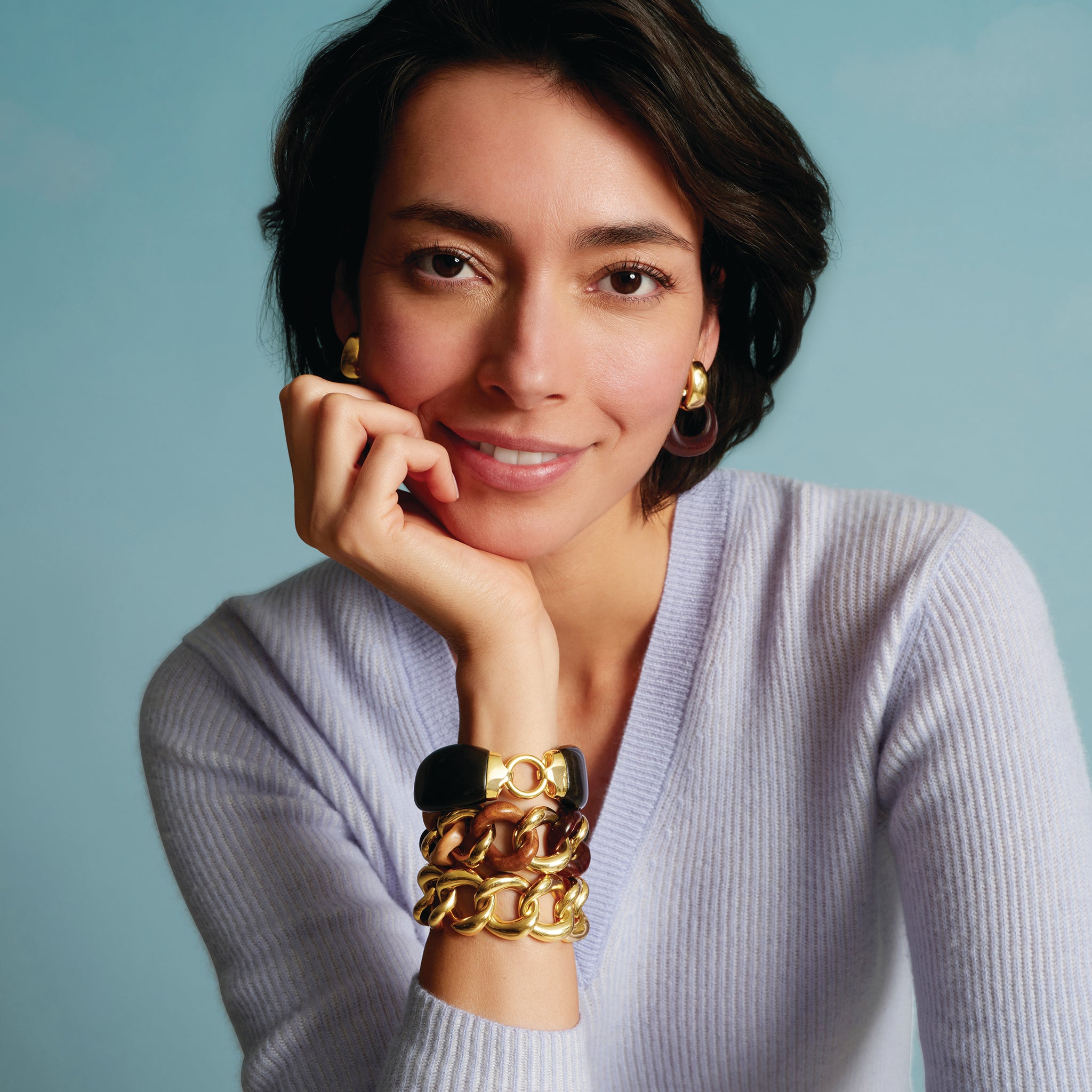Madison Earrings with Yellow Gold Hoop & Wood Buckle
