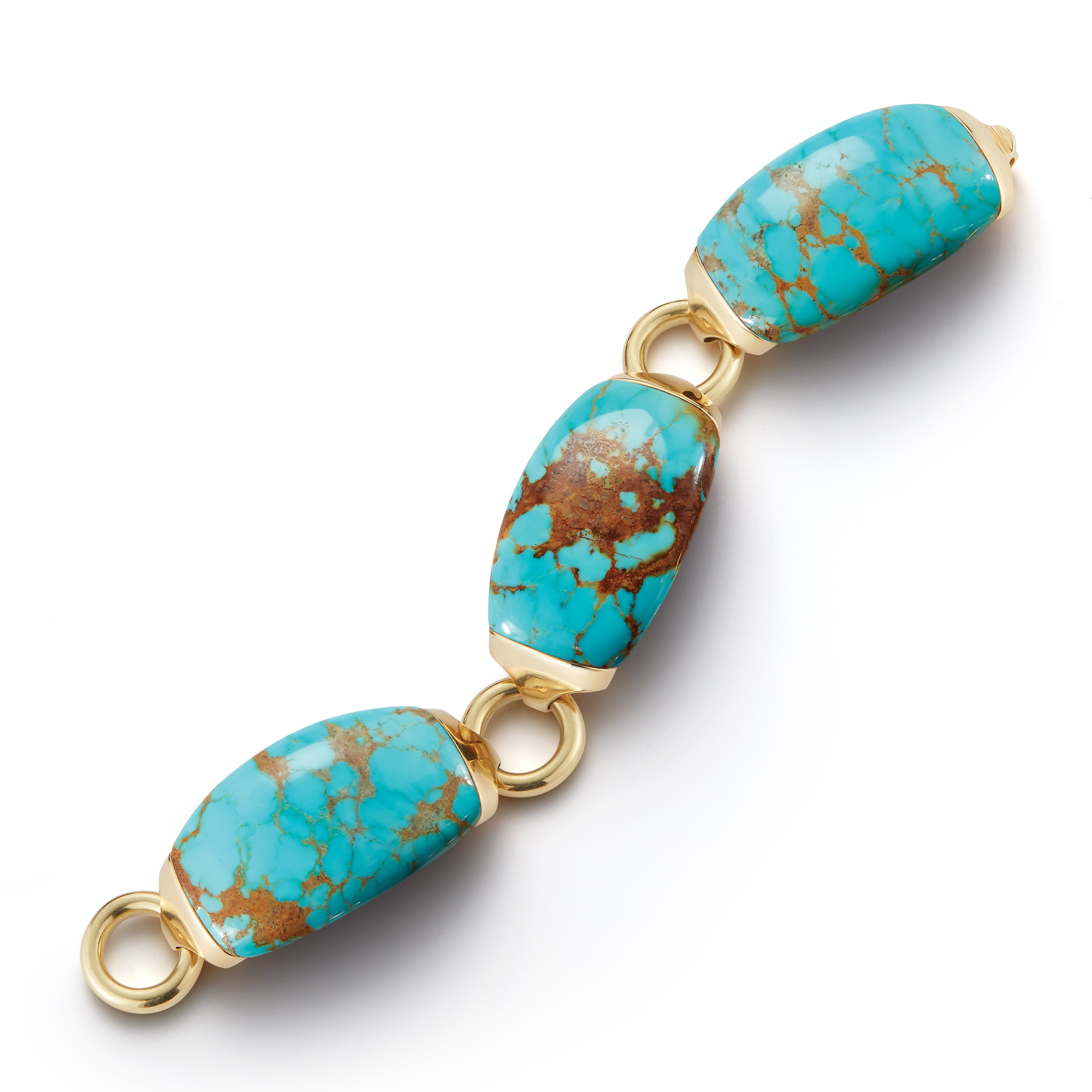 A Boat Link Bracelet in Turquoise and 18K Yellow Gold.  Signed Seaman Schepps.
