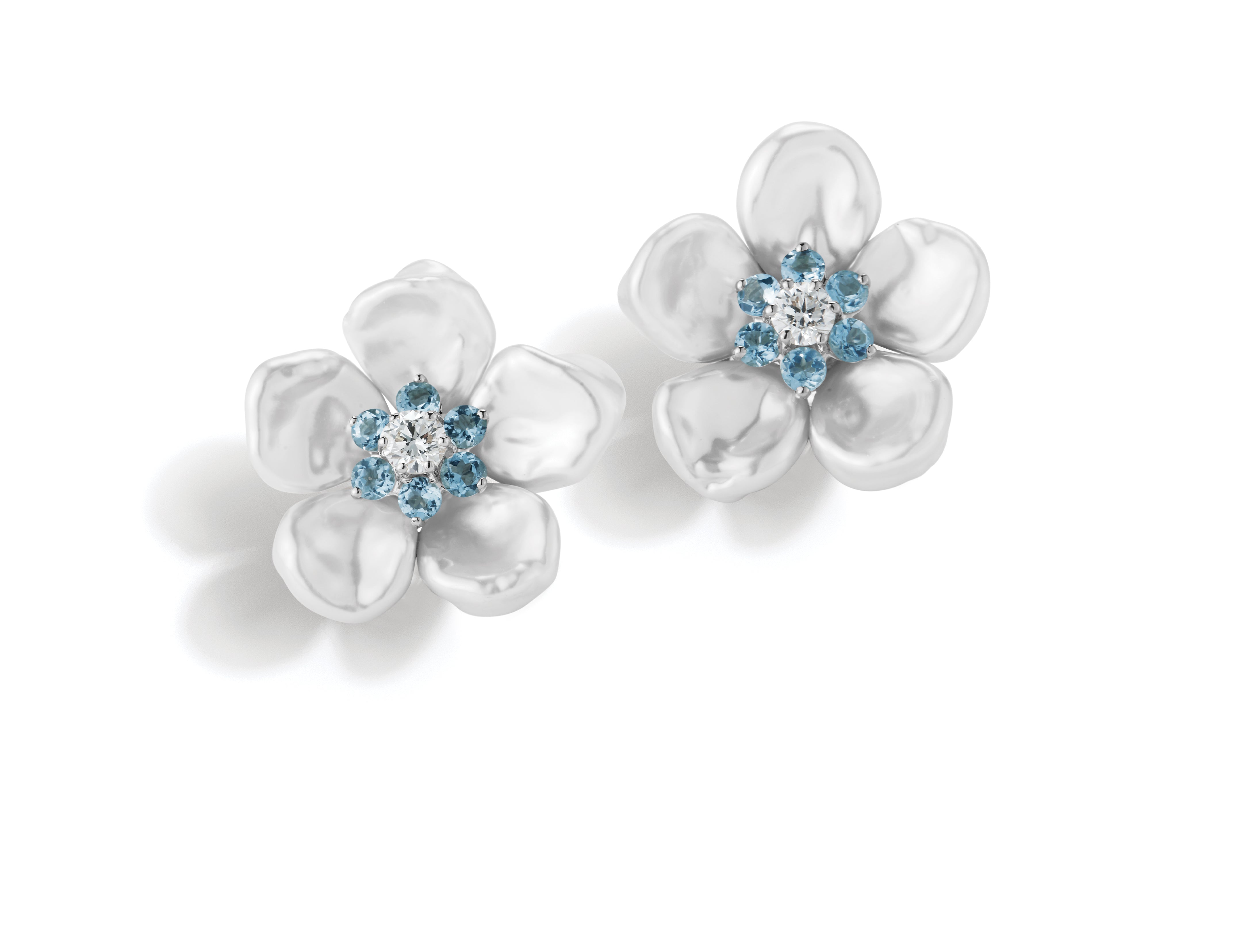 Pearl Petal Earrings with Aquamarine & Diamond
