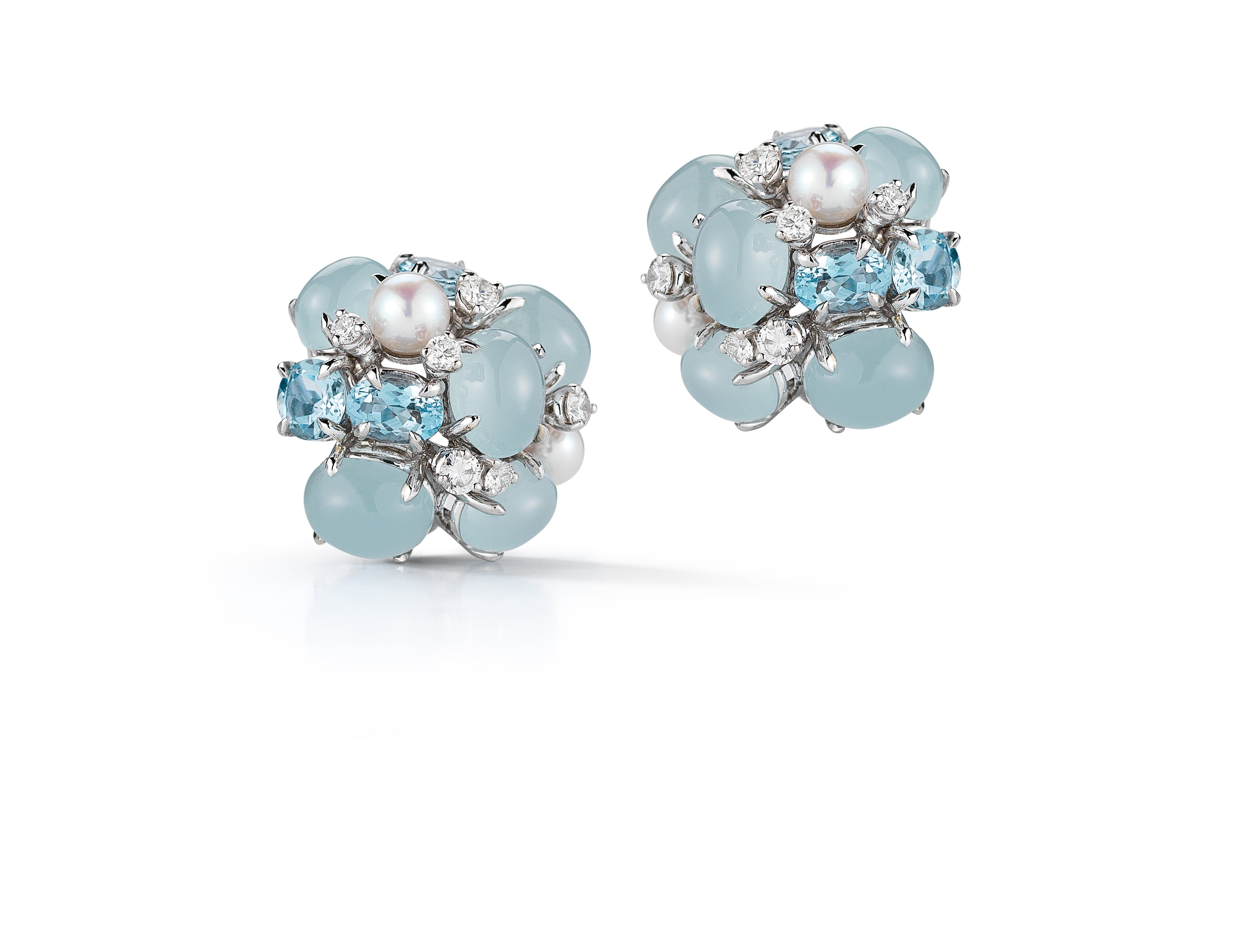 A pair of Bubble Earrings with Aquamarine, Pearl & Diamond set in 18K White Gold. Signed Seaman Schepps.