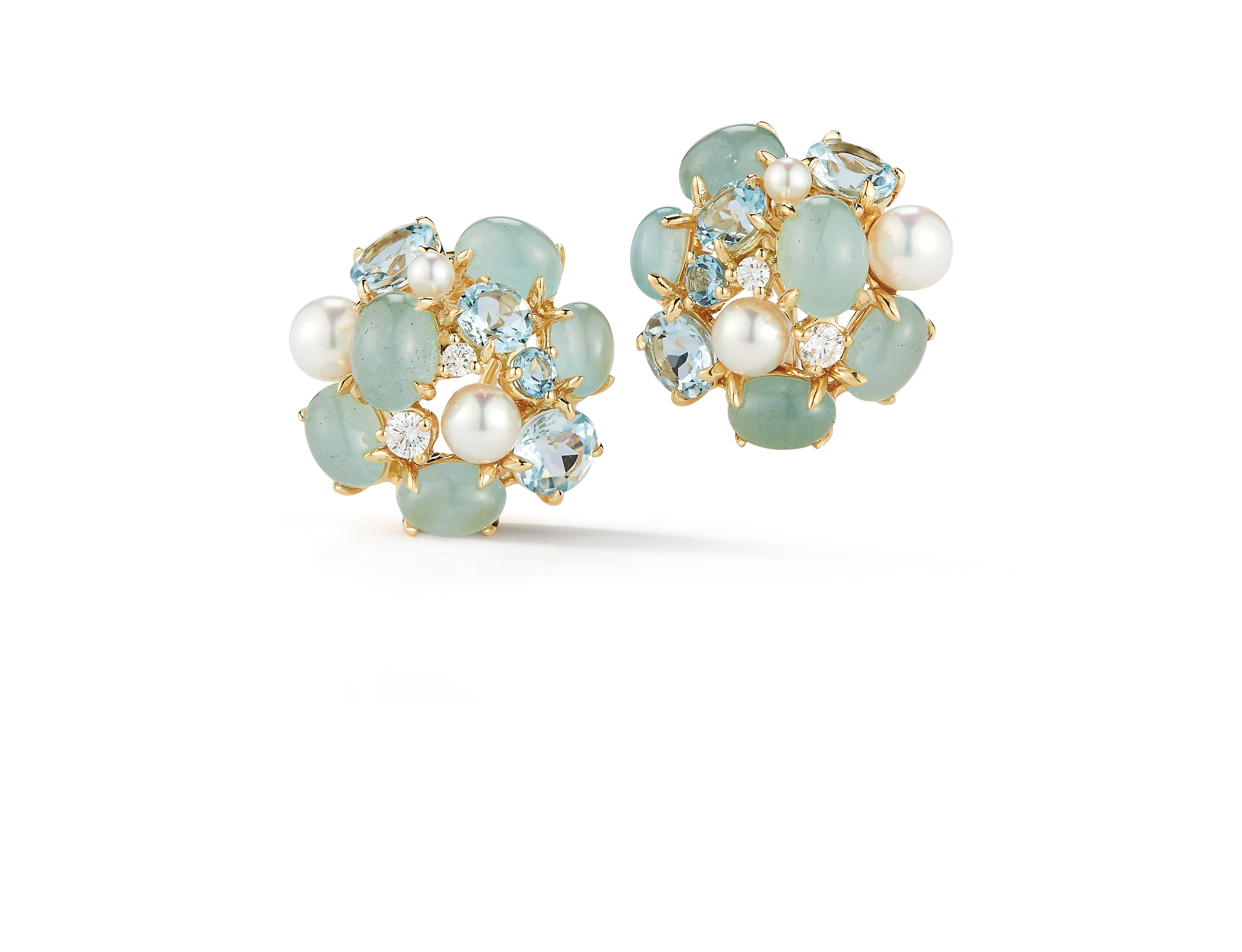 A pair of Bubble Earrings with Aquamarine, Pearl, and Diamond set in 18K Yellow Gold. Signed Seaman Schepps.