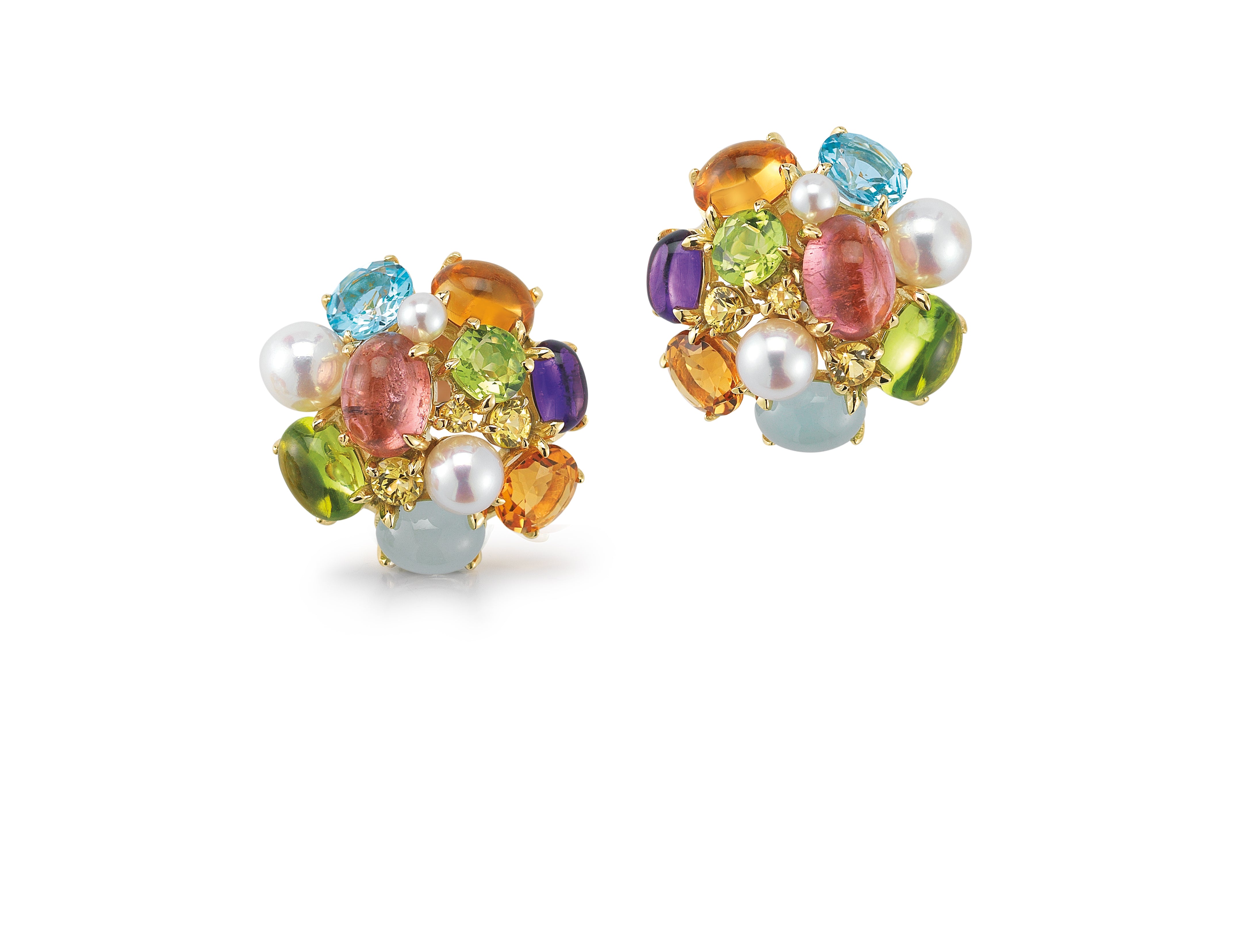 A pair of Small Bubble Earrings with Multi-color precious, Semi-precious stone, and Pearl set in 18K Yellow Gold. Signed Seaman Schepps.