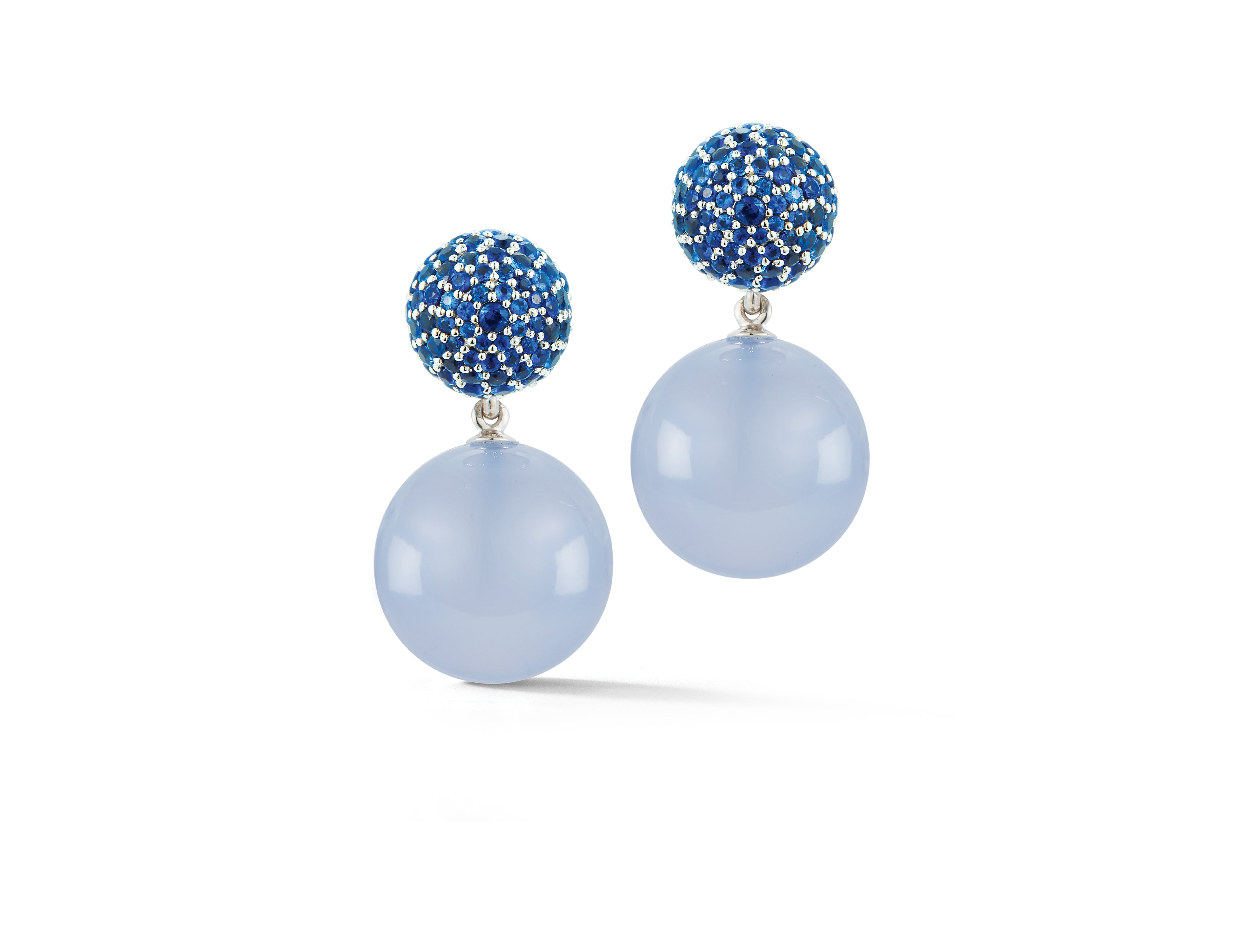 Boule Earrings with Faceted Pave Sapphire Tops and Blue Chalcedony Bead Drop Set in 18 Karat White Gold. Signed Seaman Schepps.