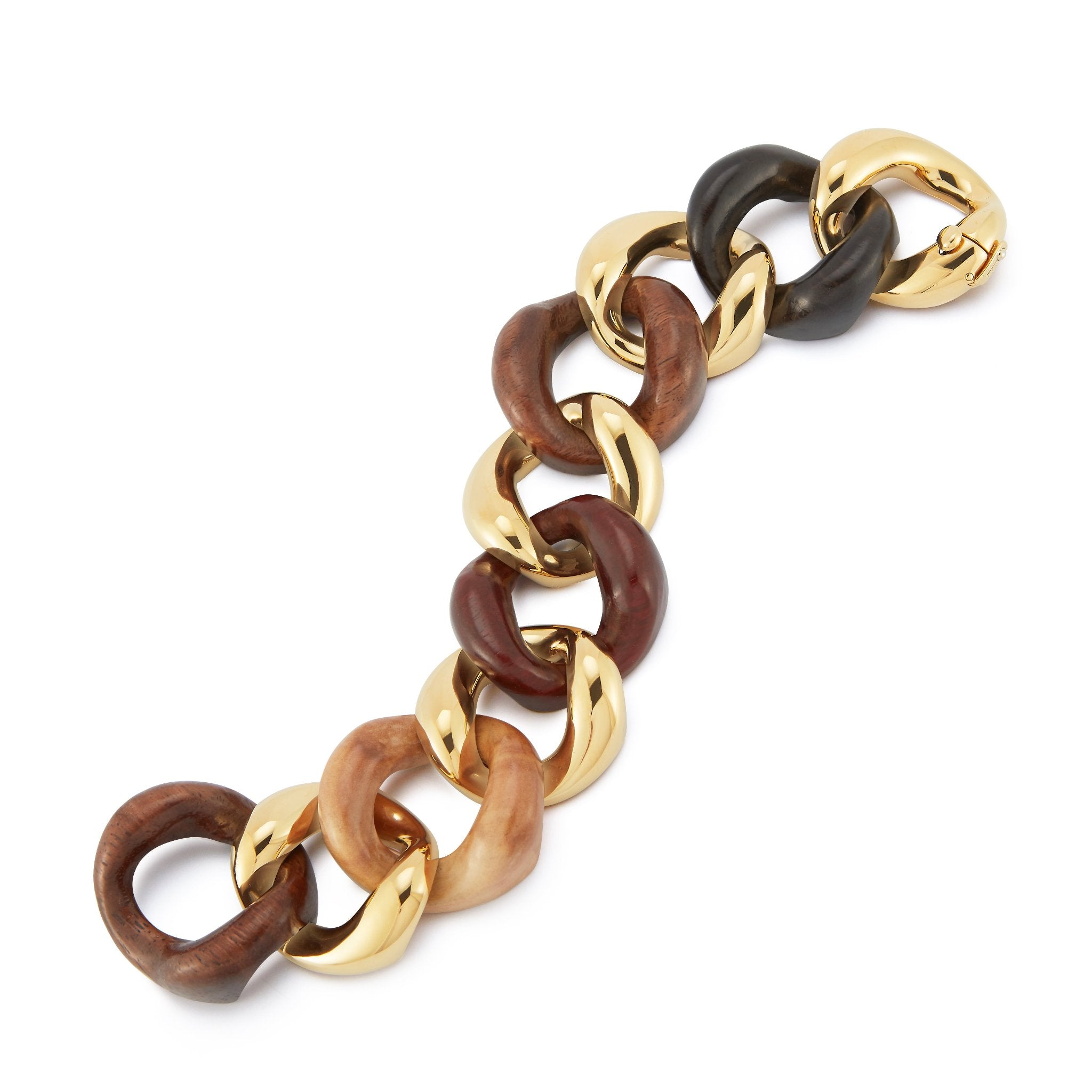 Large Link Bracelet in Multi Wood in Yellow Gold